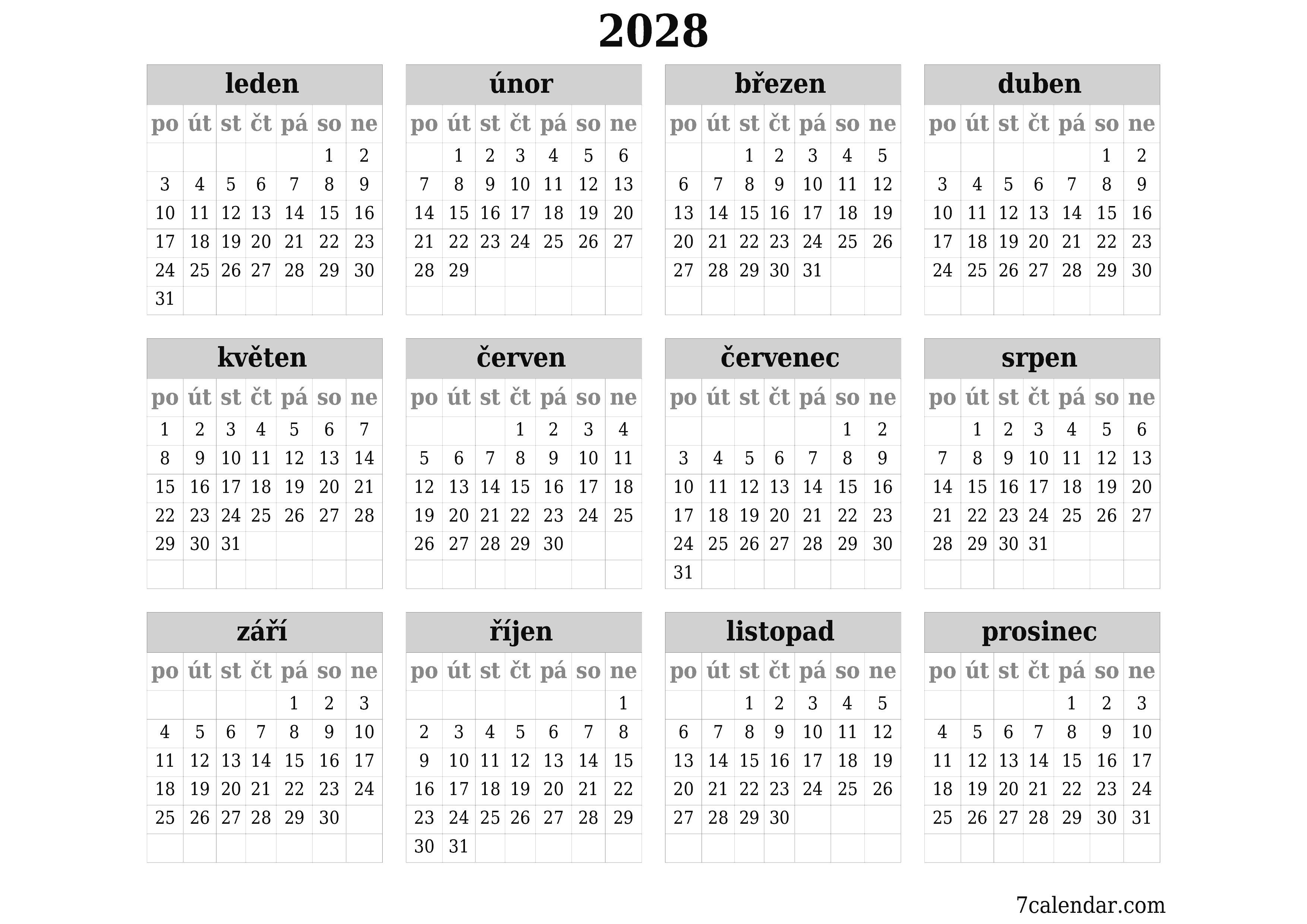  pro tisk nástěnný šablona e zdarmahorizontální Roční kalendář duben (dub) 2028