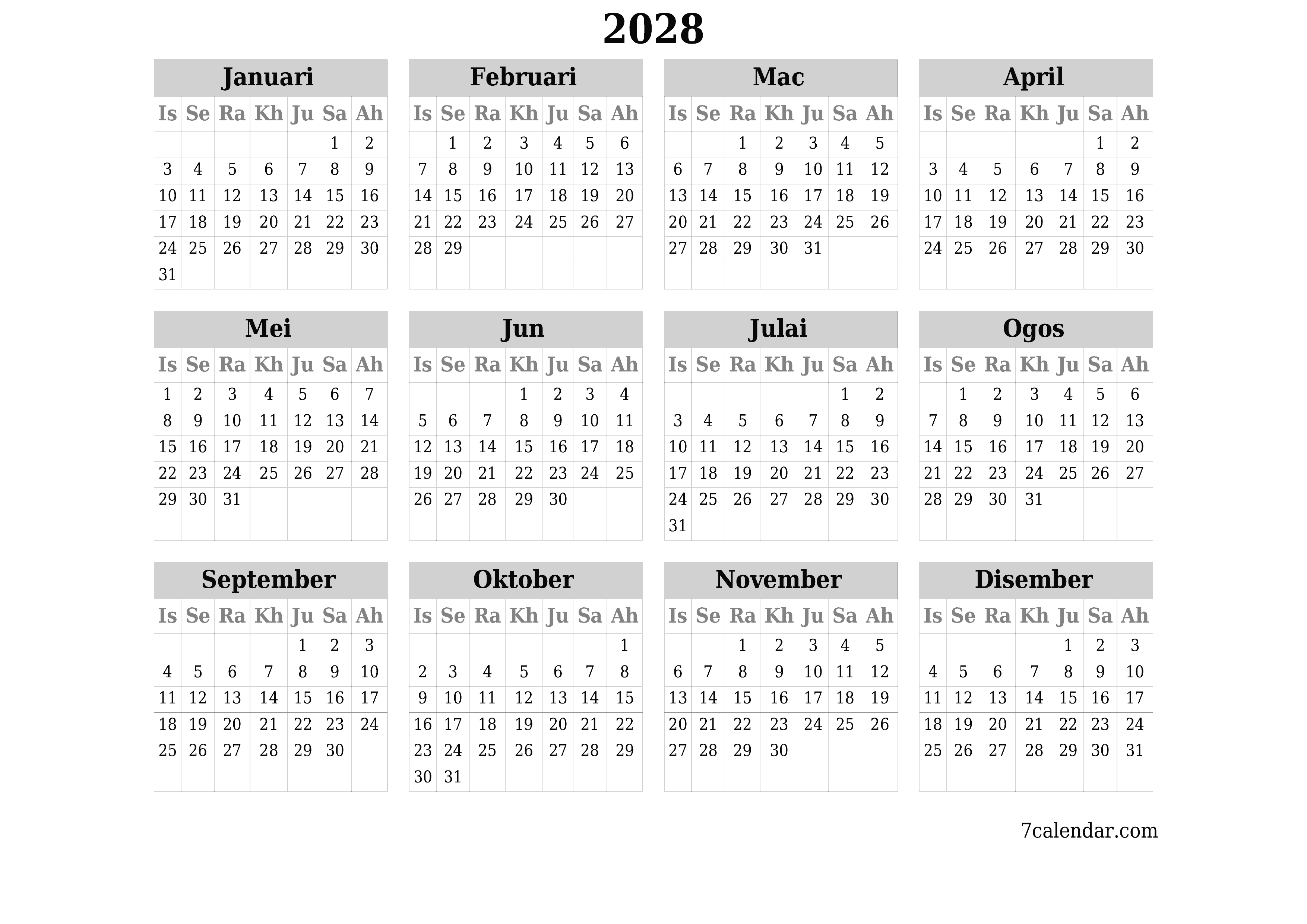 Kalendar perancang tahunan kosong untuk tahun ini 2028 dengan nota, simpan dan cetak ke PDF PNG Malay