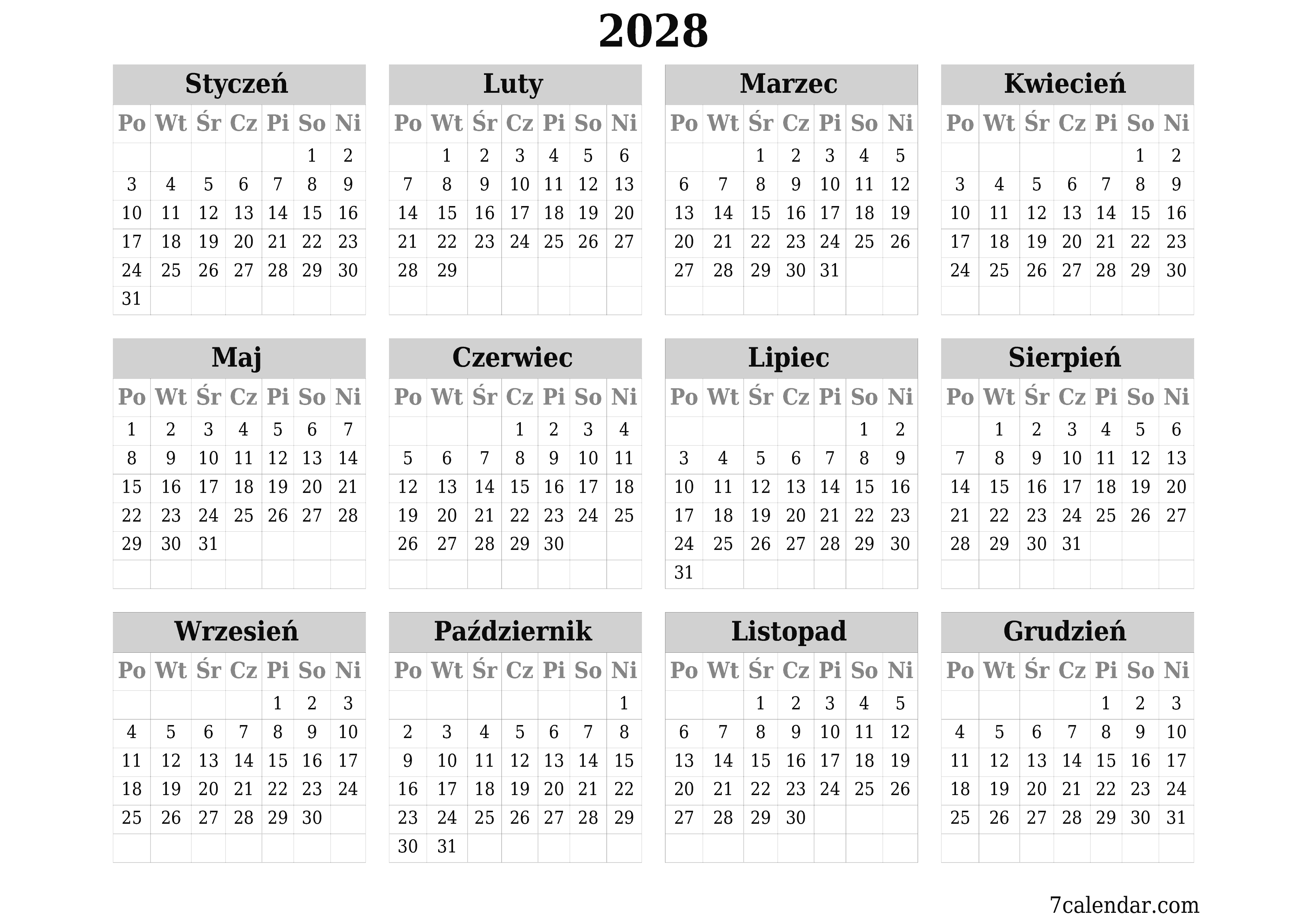  do druku ścienny szablon a darmowy poziomy Roczny kalendarz Kwiecień (Kwi) 2028