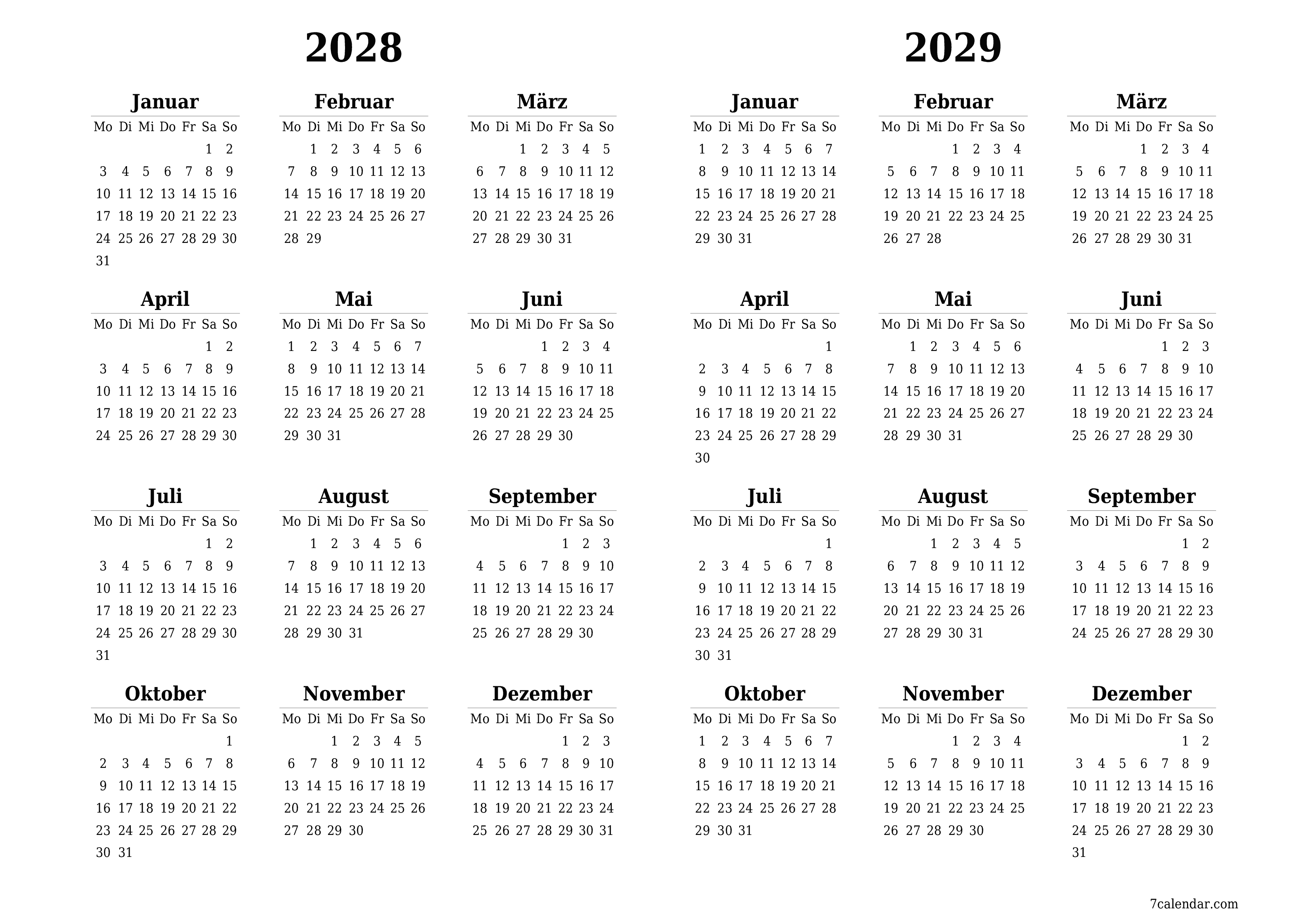  zum Ausdrucken Wandkalender vorlage kostenloser horizontal Jahreskalender Kalender April (Apr) 2028