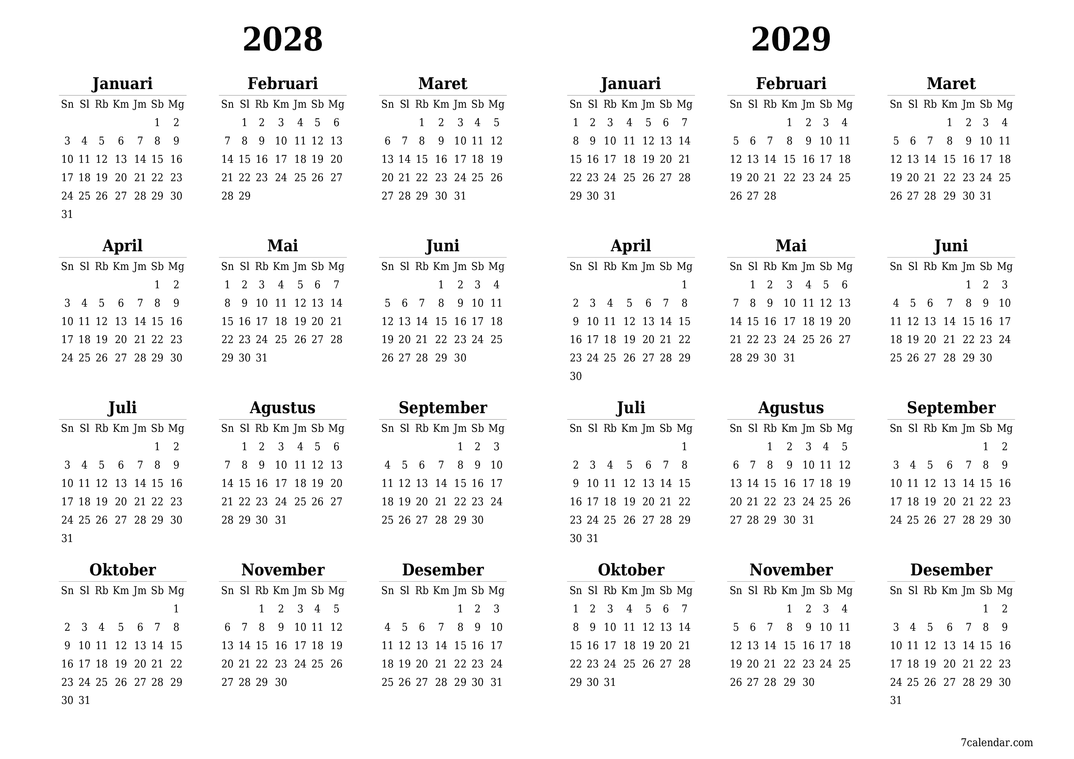  yang dapat dicetak dinding templat gratishorisontal Tahunan kalender April (Apr) 2028