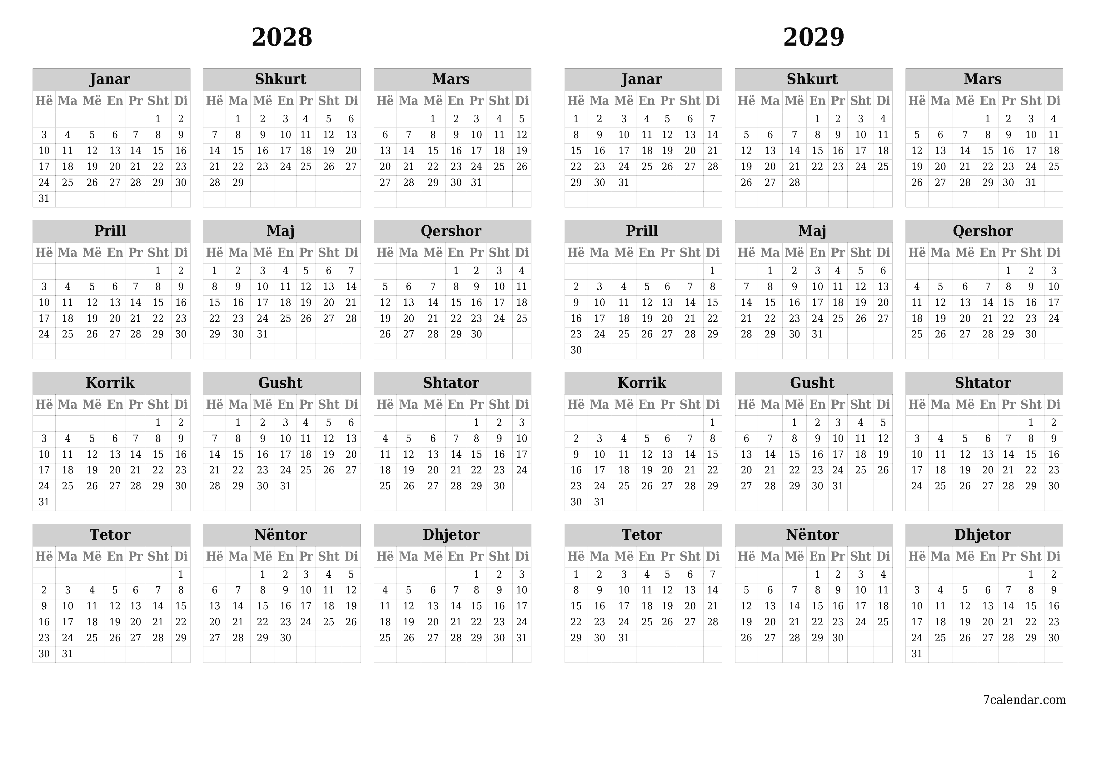 Planifikuesi bosh i kalendarit vjetor për vitin 2028, 2029 me shënime, ruani dhe printoni në PDF PNG Albanian