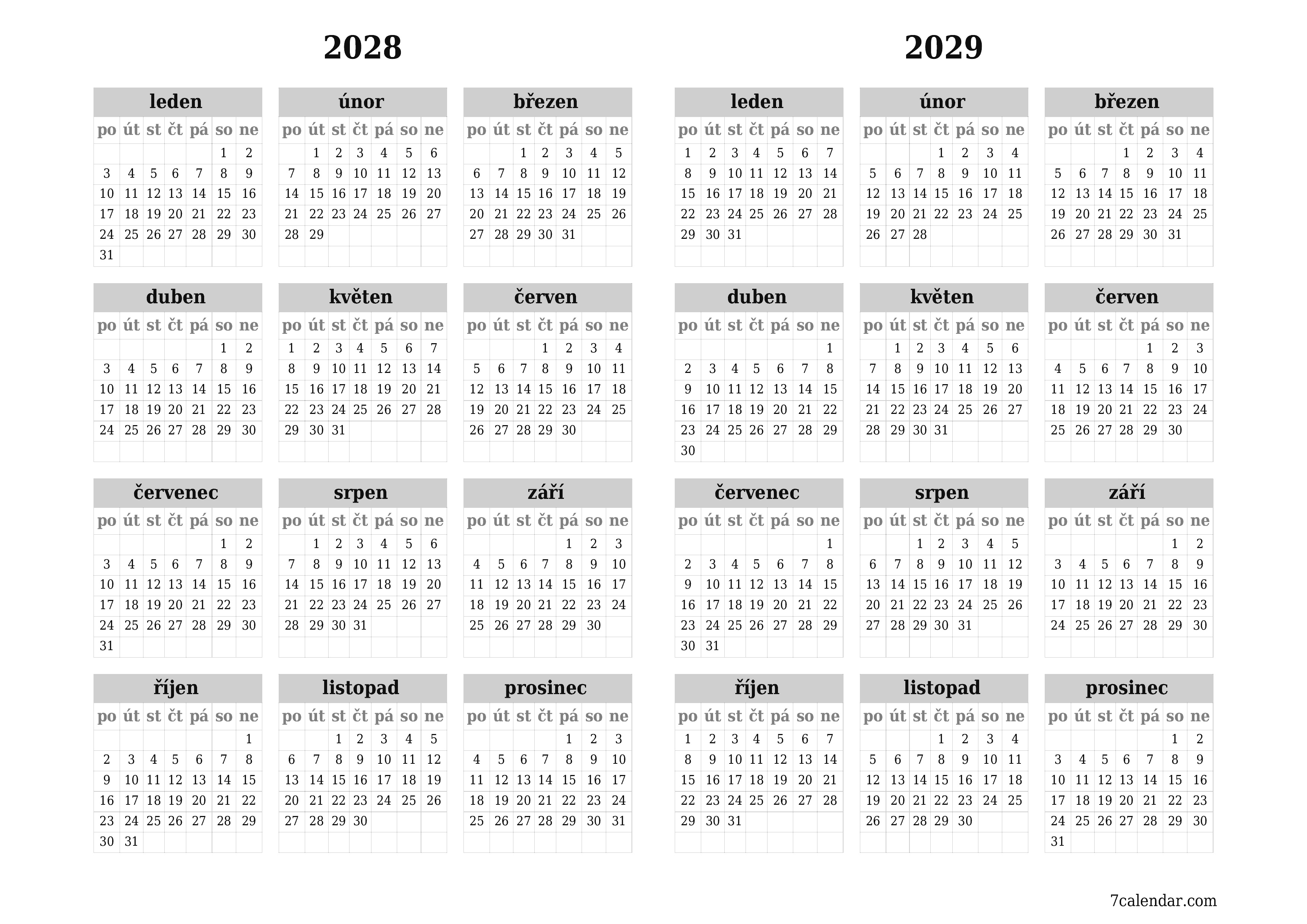 Prázdný roční kalendář plánovače pro rok 2028, 2029 s poznámkami, uložením a tiskem do PDF PNG Czech