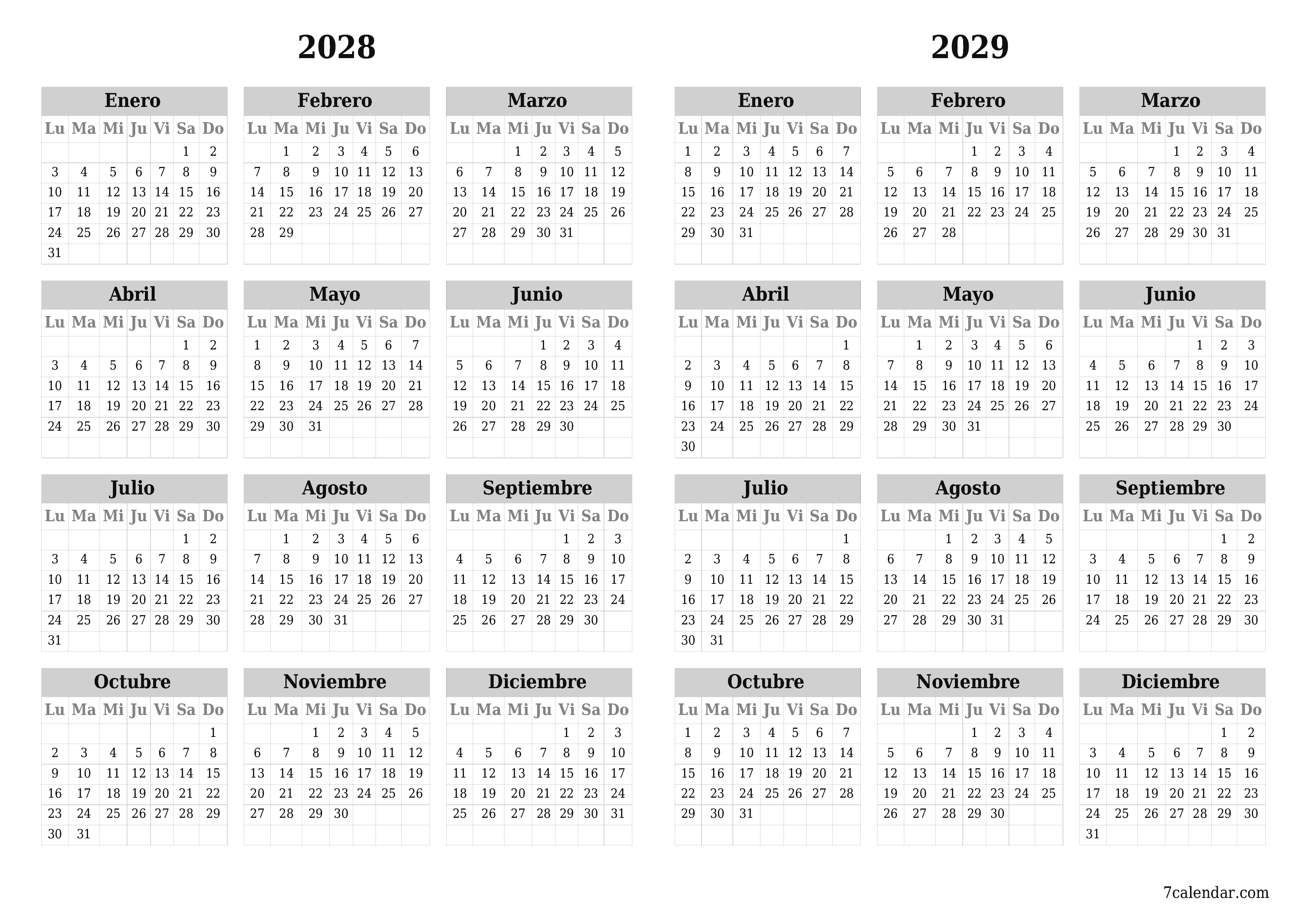 Calendario planificador anual vacío para el año 2028, 2029 con notas, guardar e imprimir en PDF PNG Spanish