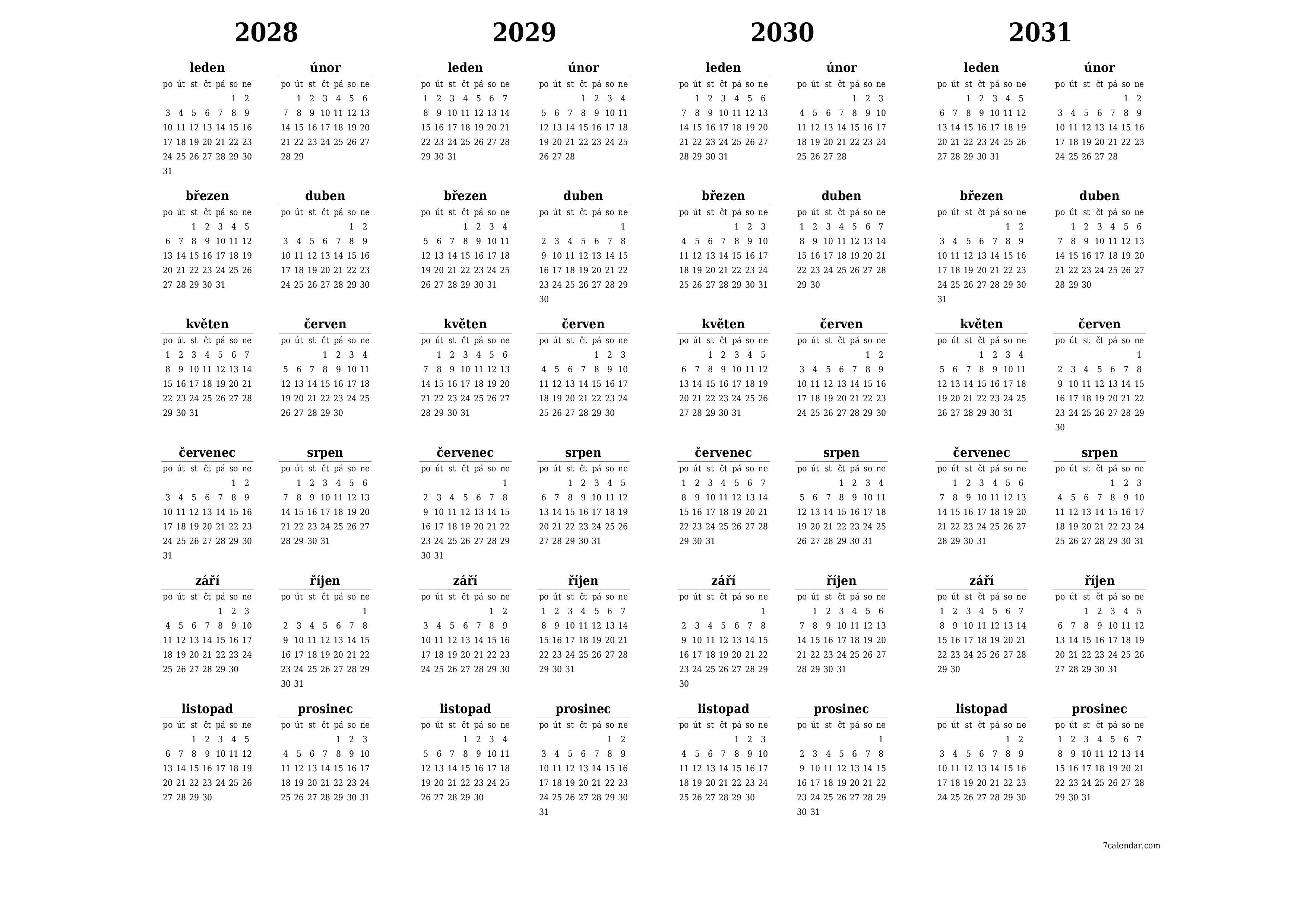 Prázdný roční kalendář plánovače pro rok 2028, 2029, 2030, 2031 s poznámkami, uložením a tiskem do PDF PNG Czech