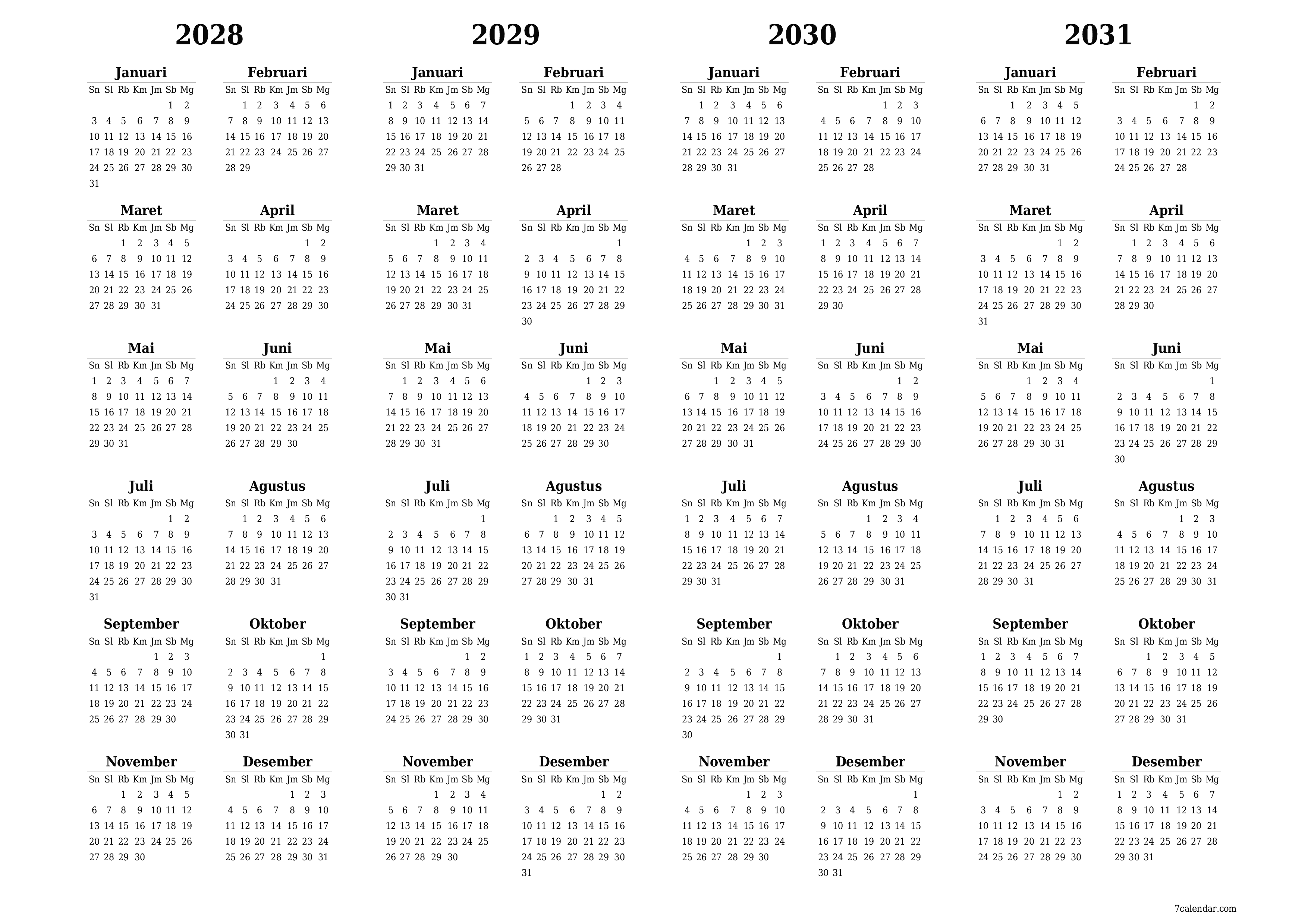 Kosongkan kalender perencana tahunan untuk tahun ini 2028, 2029, 2030, 2031 dengan catatan, simpan dan cetak ke PDF PNG Indonesian