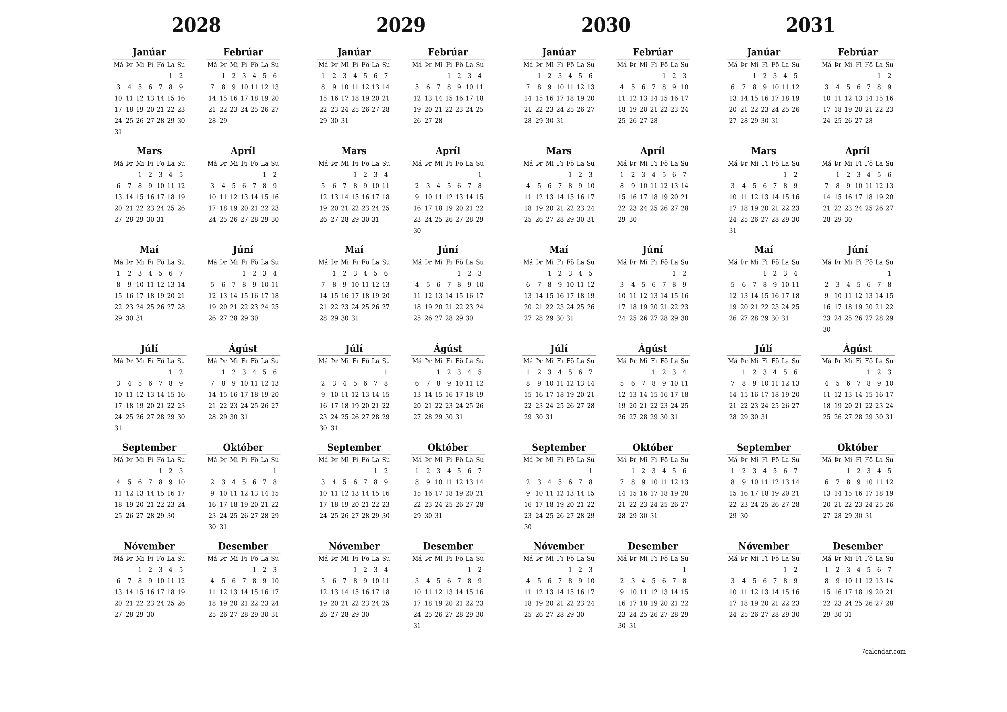 Tómt árlegt dagatal skipuleggjanda fyrir árið 2028, 2029, 2030, 2031 með athugasemdum, vista og prenta á PDF PNG Icelandic