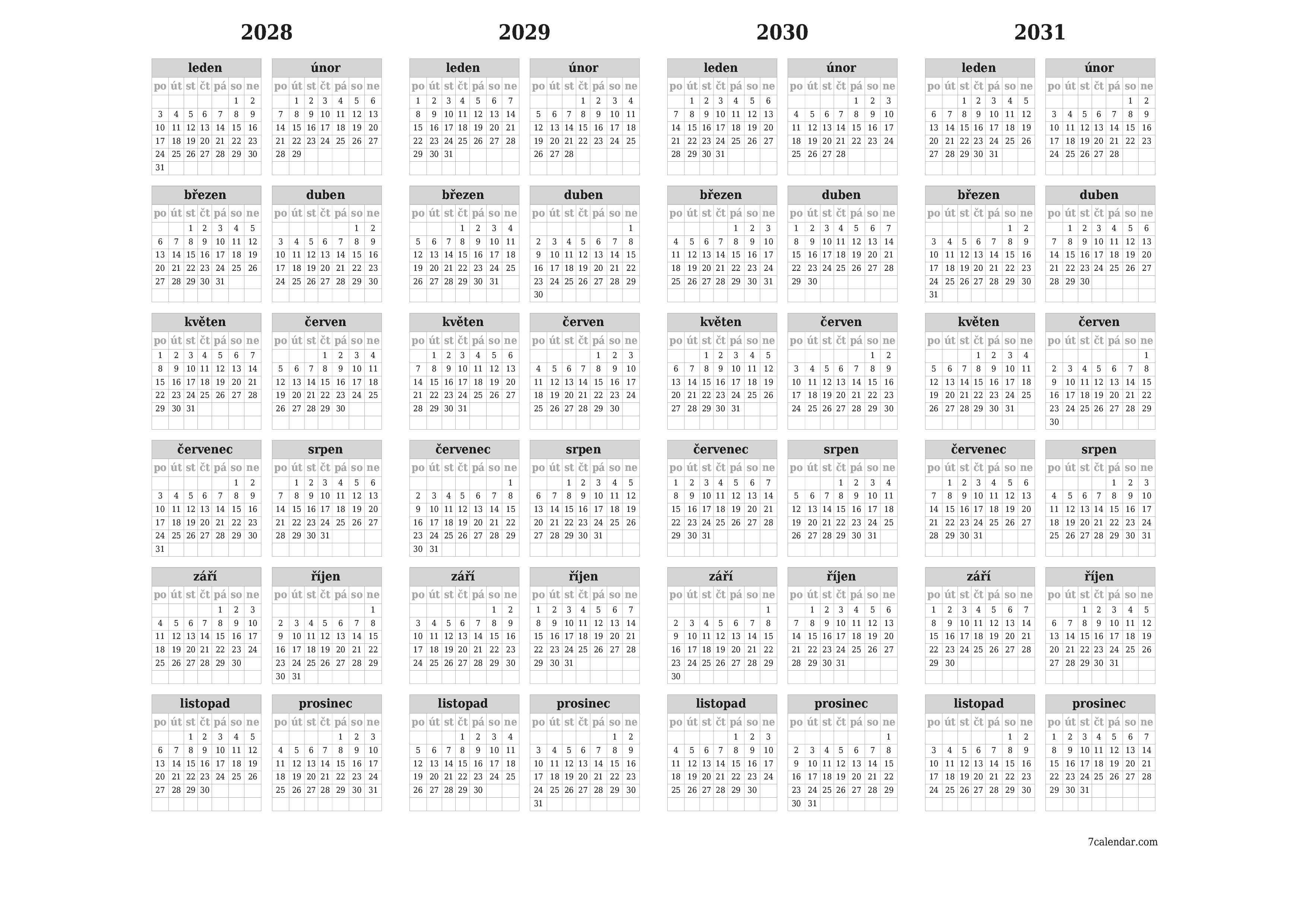 Prázdný roční kalendář plánovače pro rok 2028, 2029, 2030, 2031 s poznámkami, uložením a tiskem do PDF PNG Czech