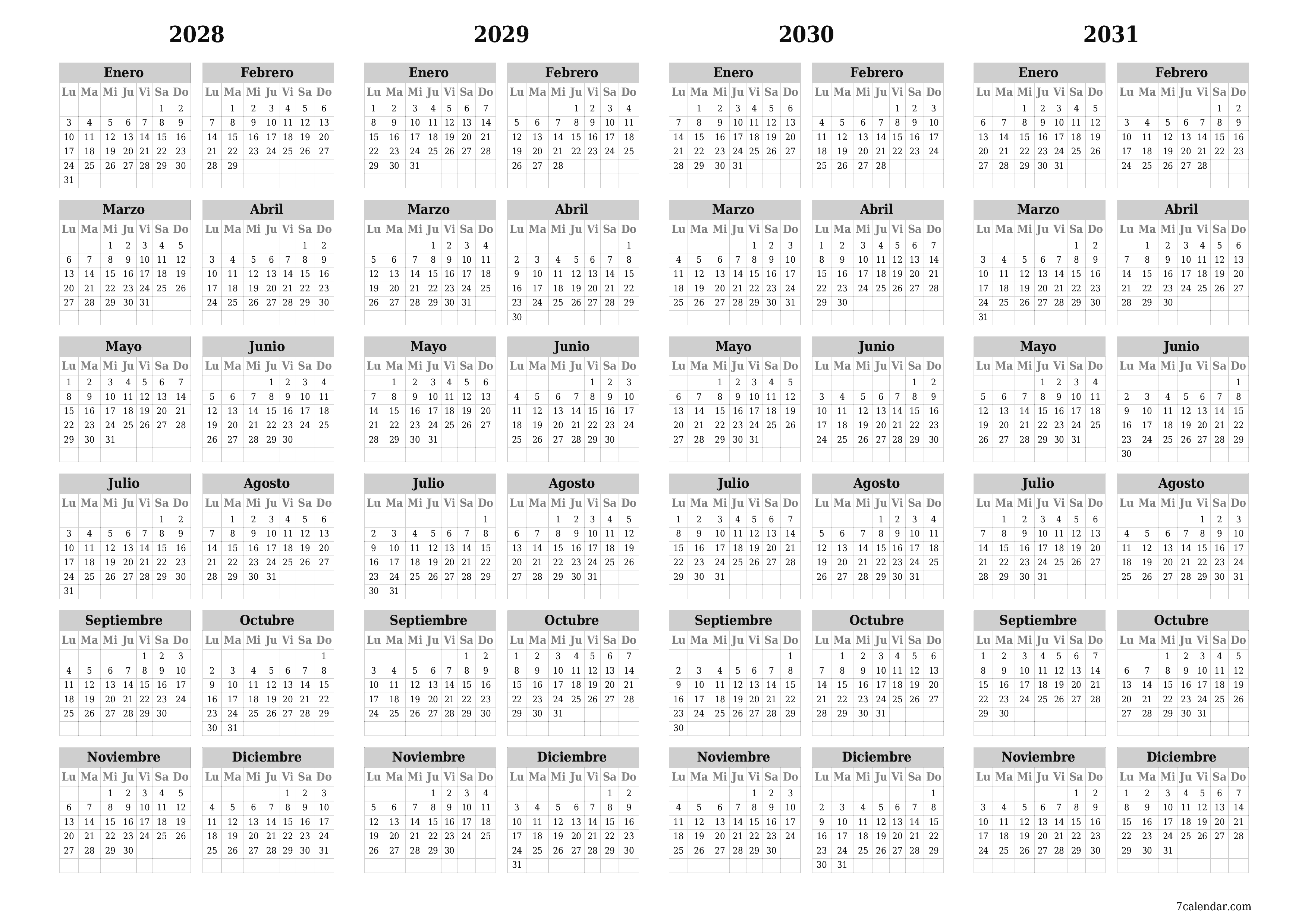 Calendario planificador anual vacío para el año 2028, 2029, 2030, 2031 con notas, guardar e imprimir en PDF PNG Spanish