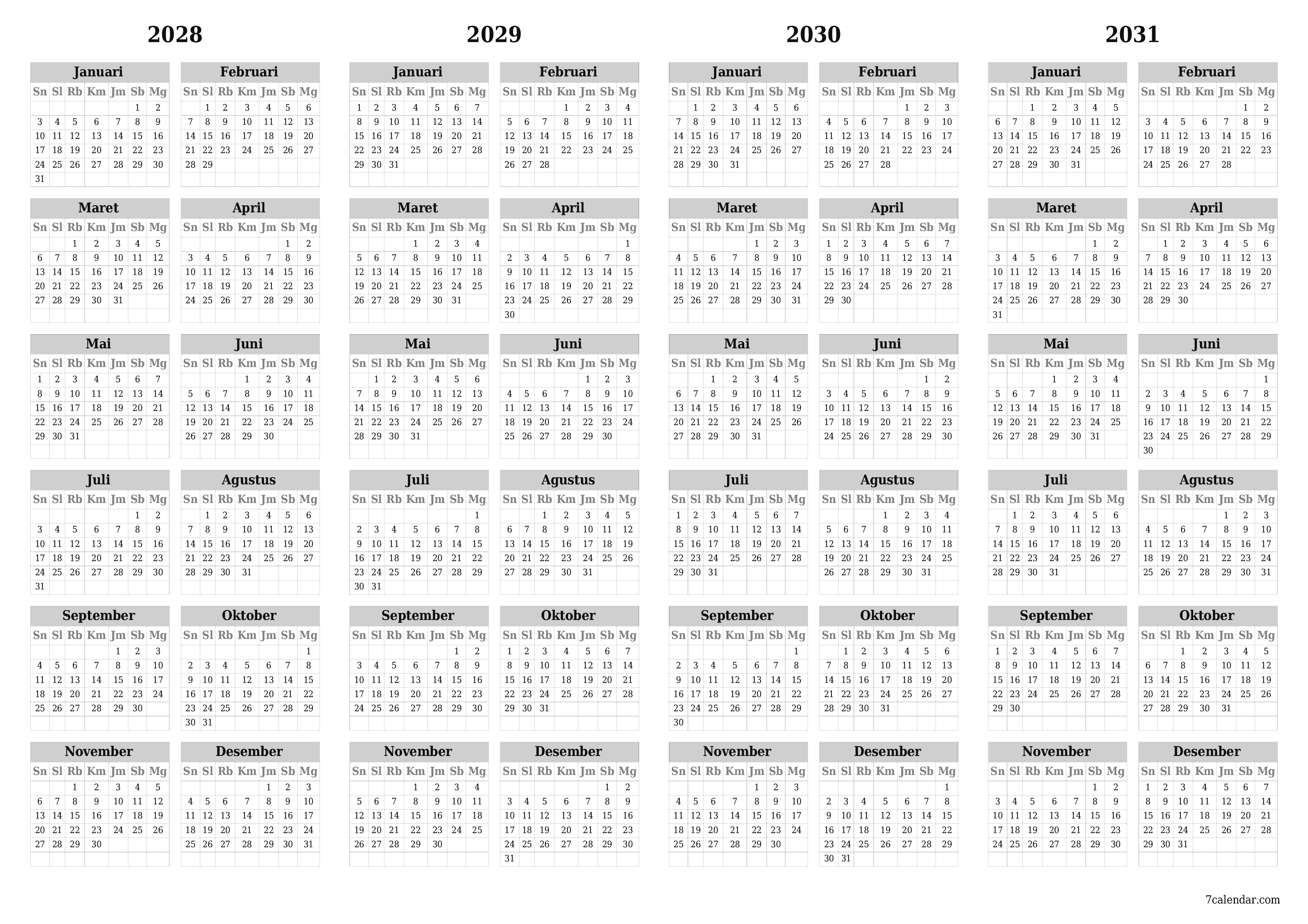 Kosongkan kalender perencana tahunan untuk tahun ini 2028, 2029, 2030, 2031 dengan catatan, simpan dan cetak ke PDF PNG Indonesian