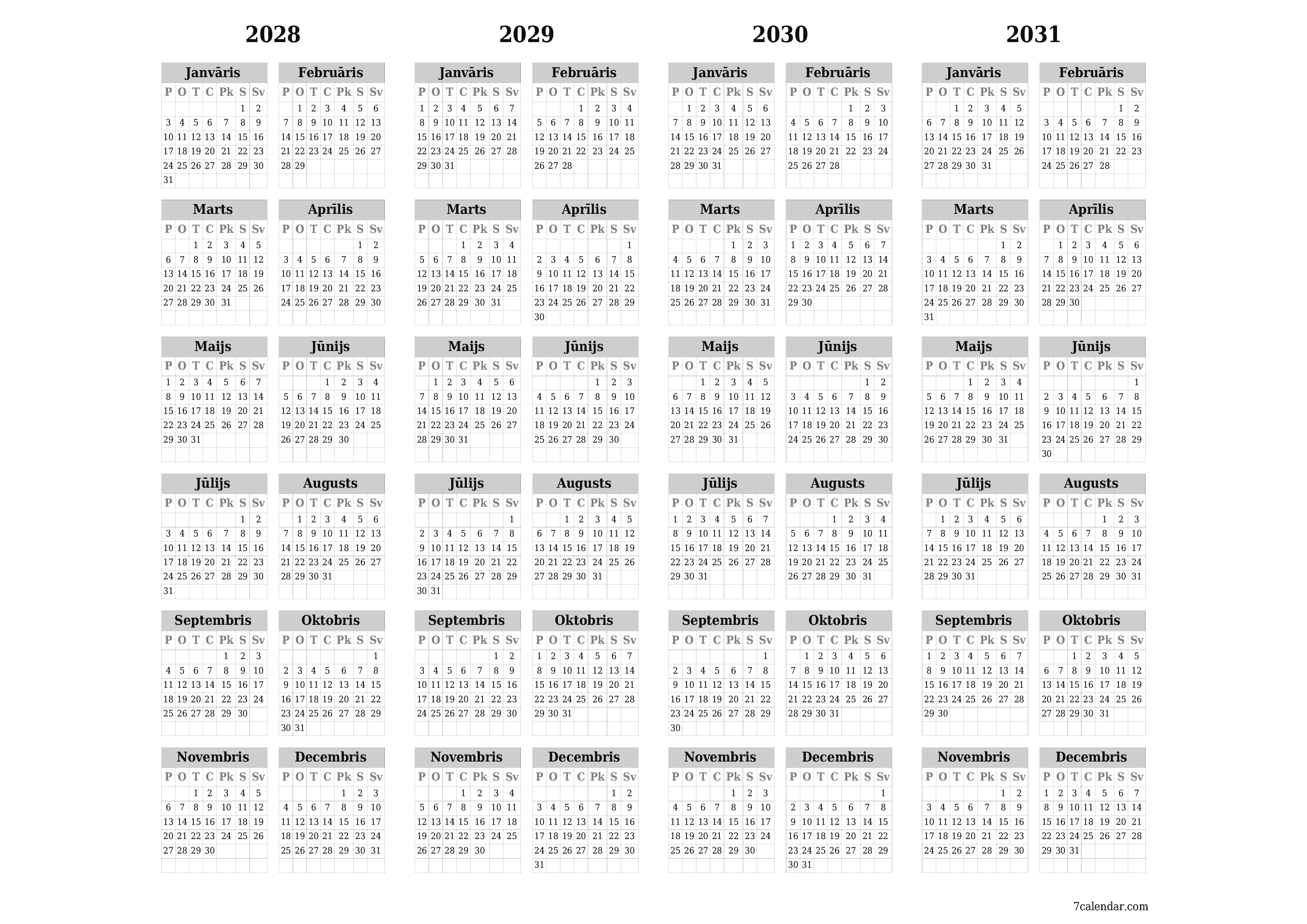 Tukšs gada plānotāja kalendārs gadam 2028, 2029, 2030, 2031 ar piezīmēm, saglabāšana un izdrukāšana PDF formātā PNG Latvian