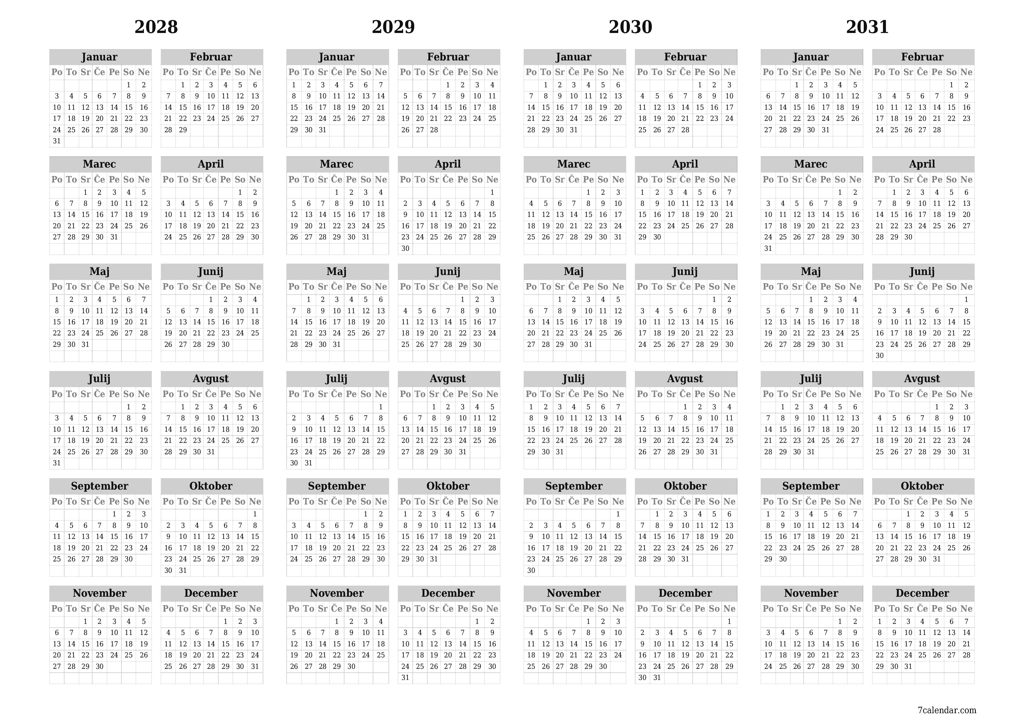 Prazen letni načrtovalec koledarja za leto 2028, 2029, 2030, 2031 z opombami za tiskanje v PDF-ju PNG Slovenian