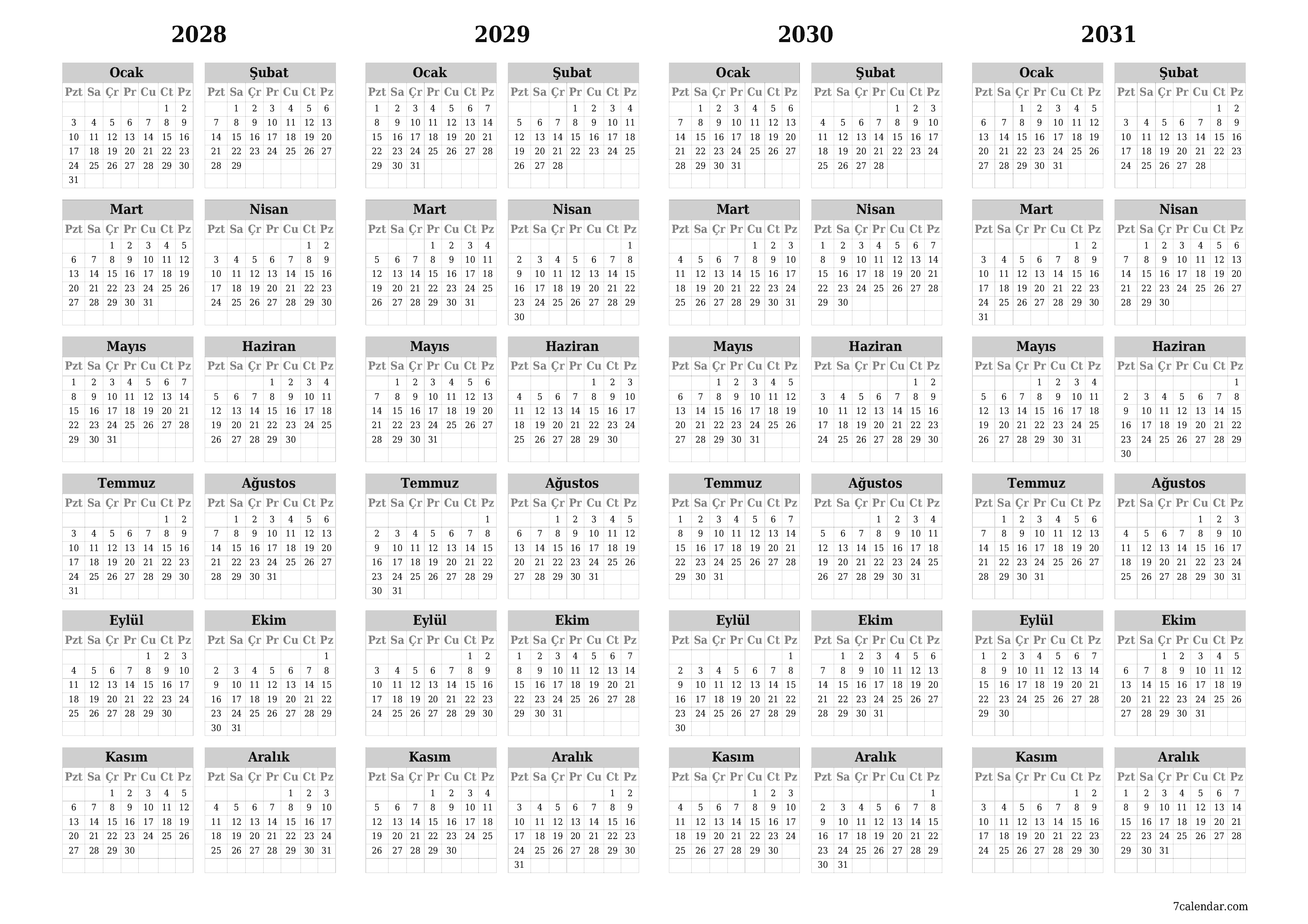 Notlarla 2028, 2029, 2030, 2031 yıl için yıllık planlayıcı takvimini boşaltın, kaydedin ve PDF olarak yazdırın PNG Turkish