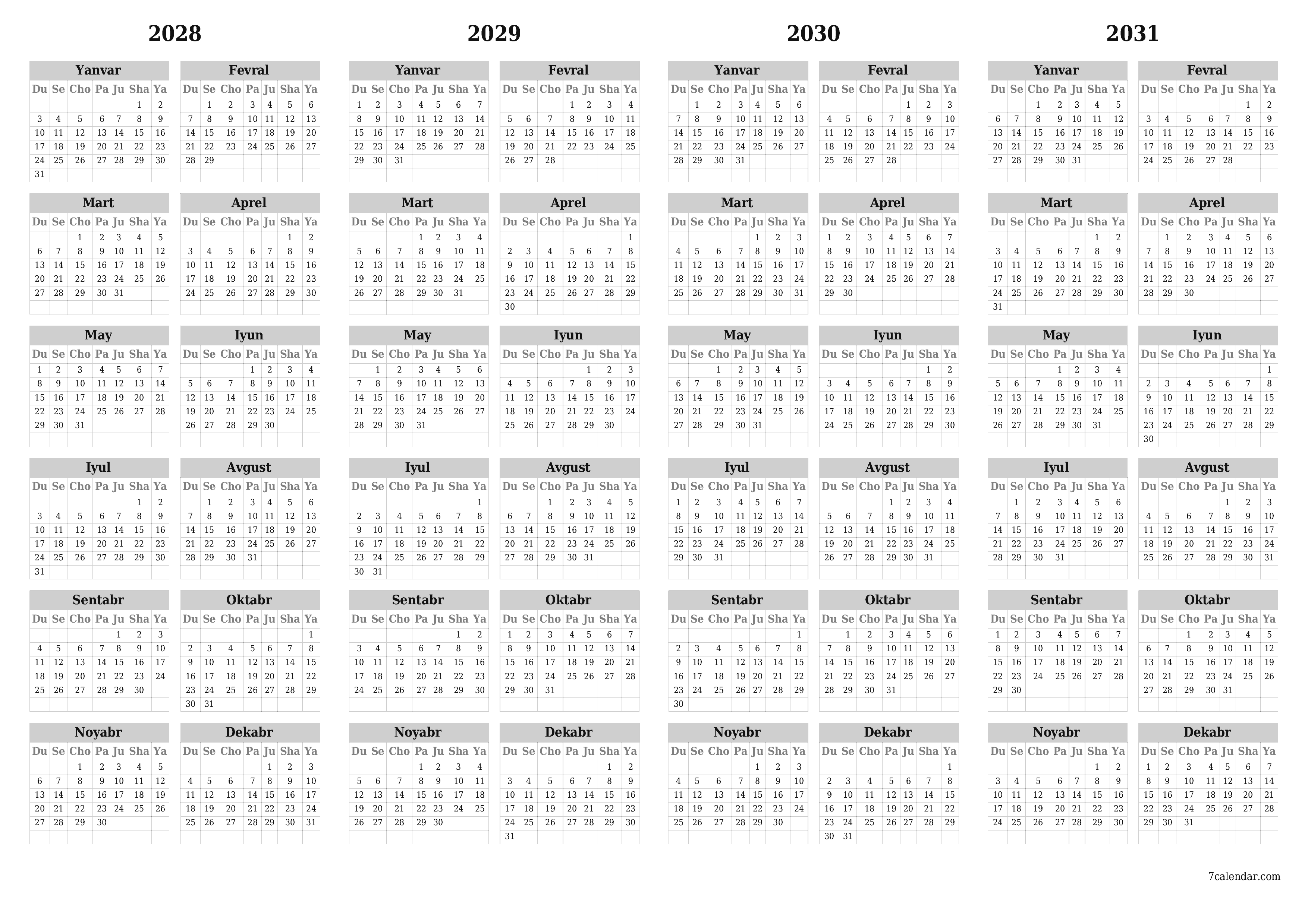 chop etiladigan devor taqvimi shabloni bepul gorizontal Yillik kalendar Aprel (Apr) 2028