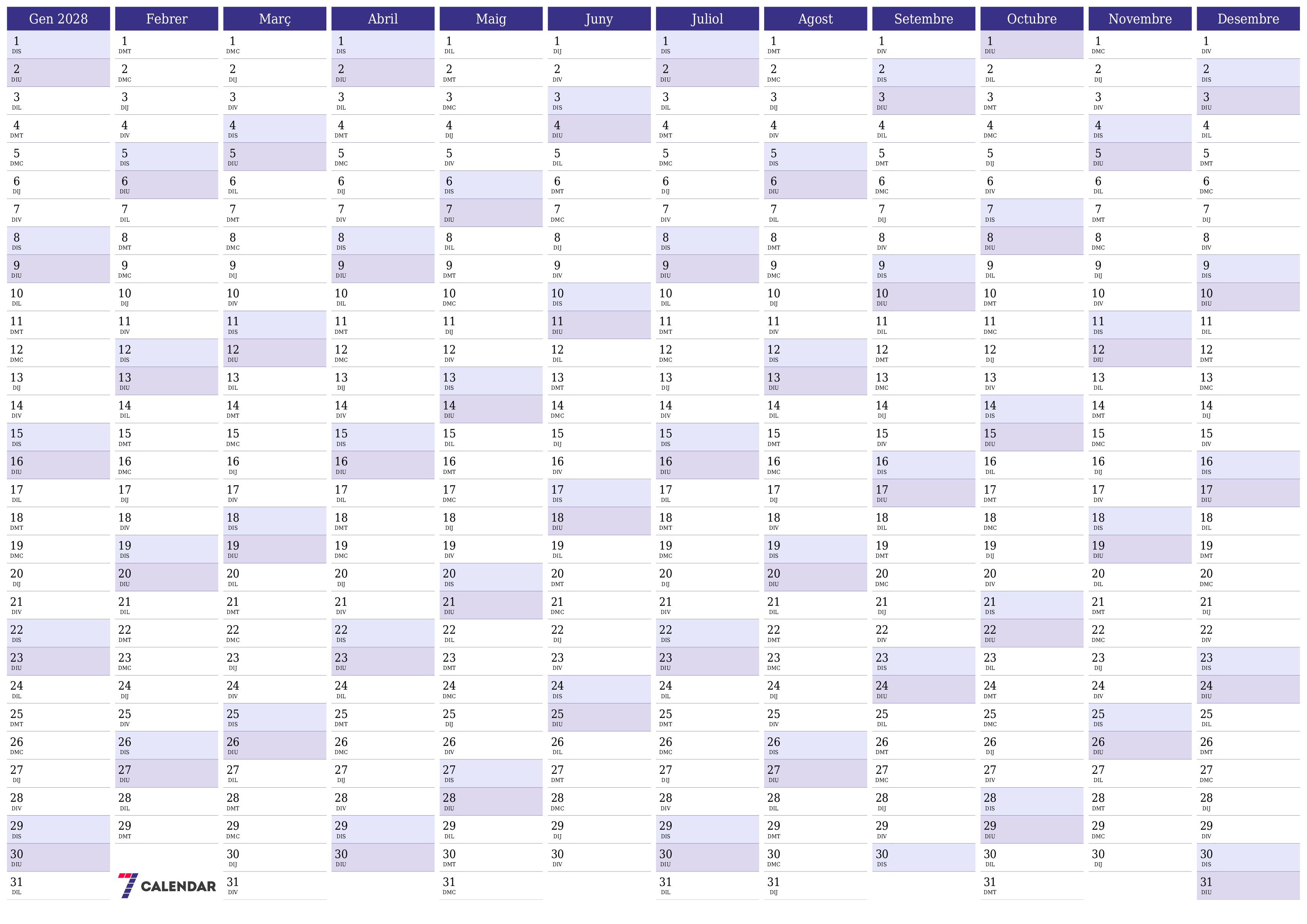 Planificador anual buit 2028 amb notes desades i imprimides en PDF PNG Catalan