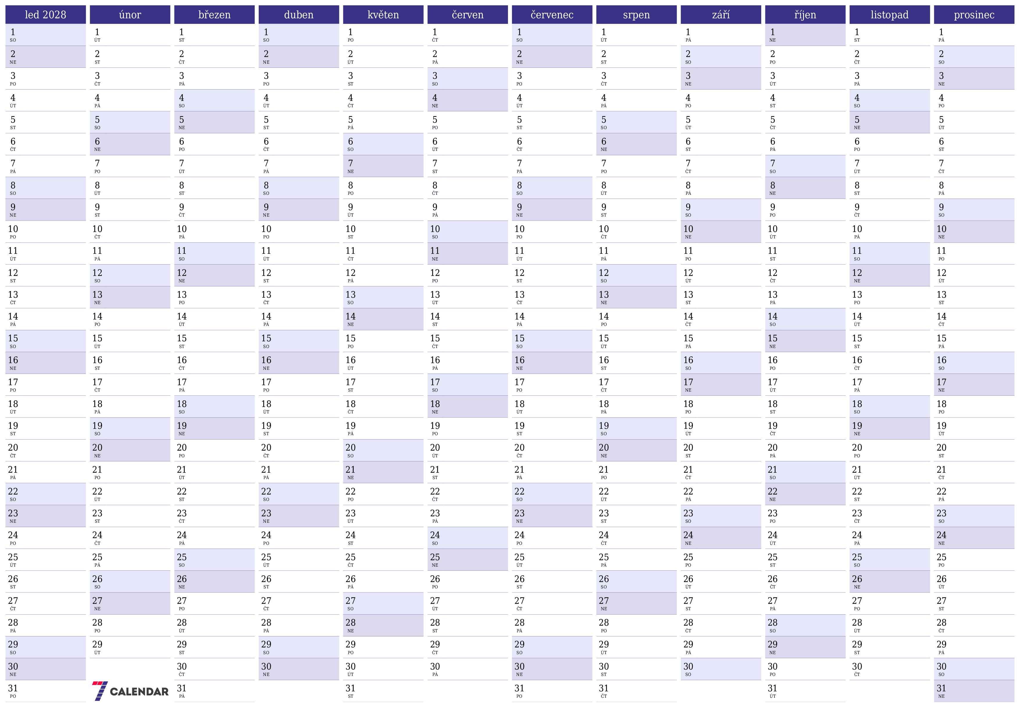 Prázdný roční kalendář plánovače pro rok 2028 s poznámkami, uložením a tiskem do PDF PNG Czech