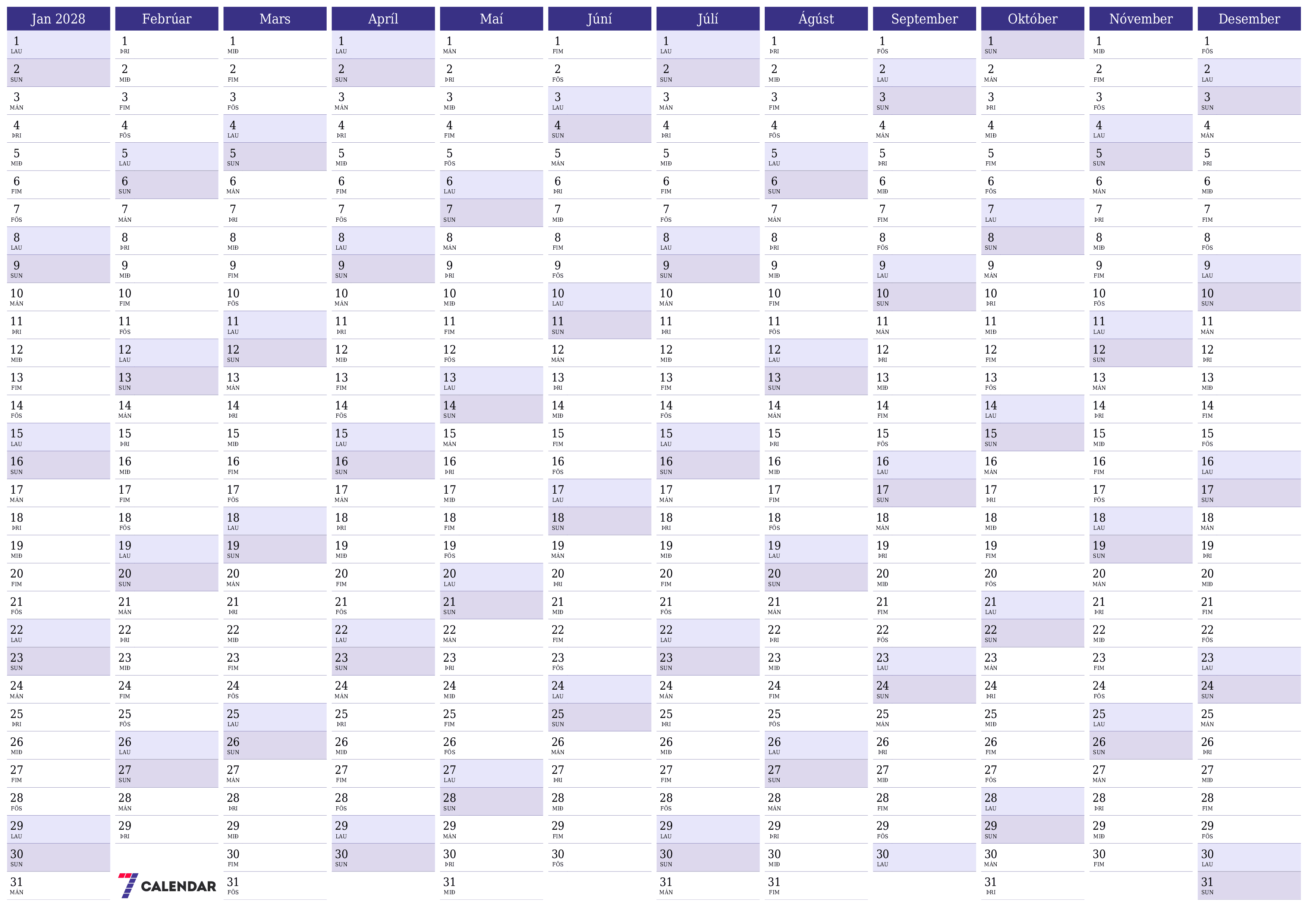 Tómt árlegt dagatal skipuleggjanda fyrir árið 2028 með athugasemdum, vista og prenta á PDF PNG Icelandic