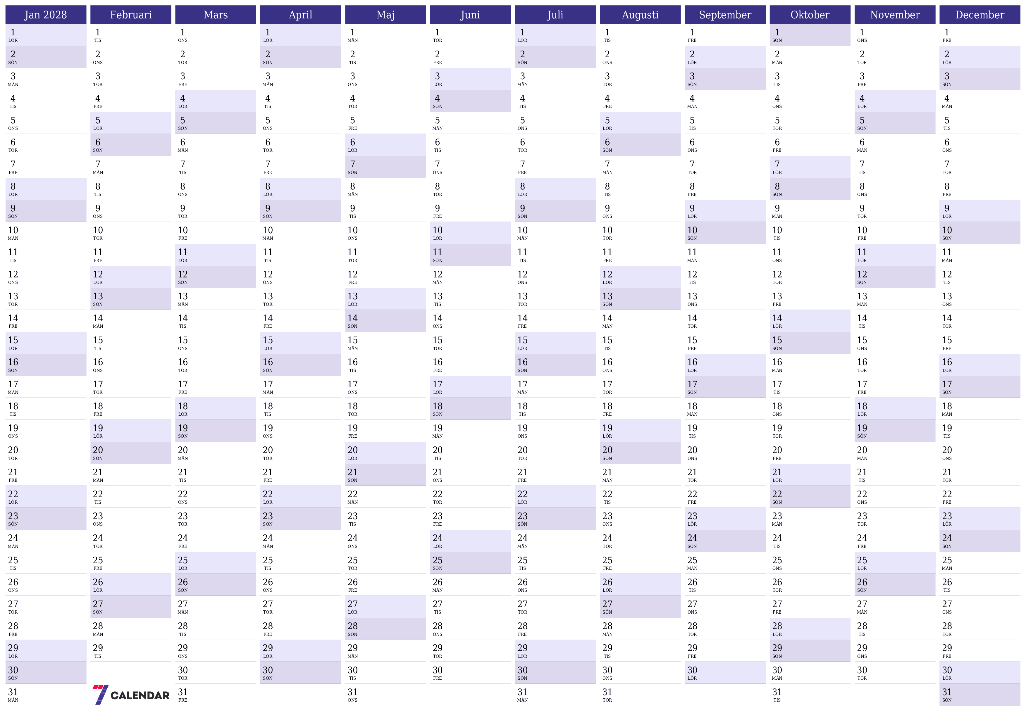 Tom årlig planeringskalender för året 2028 med anteckningar, spara och skriv ut till PDF PNG Swedish