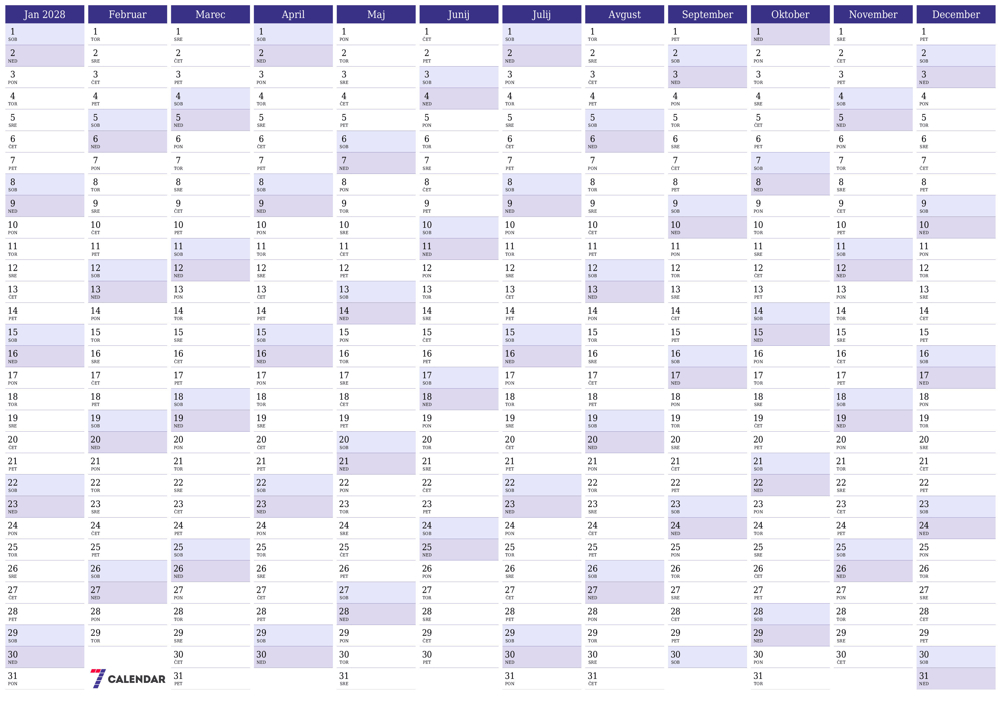 Prazen letni načrtovalec koledarja za leto 2028 z opombami za tiskanje v PDF-ju PNG Slovenian