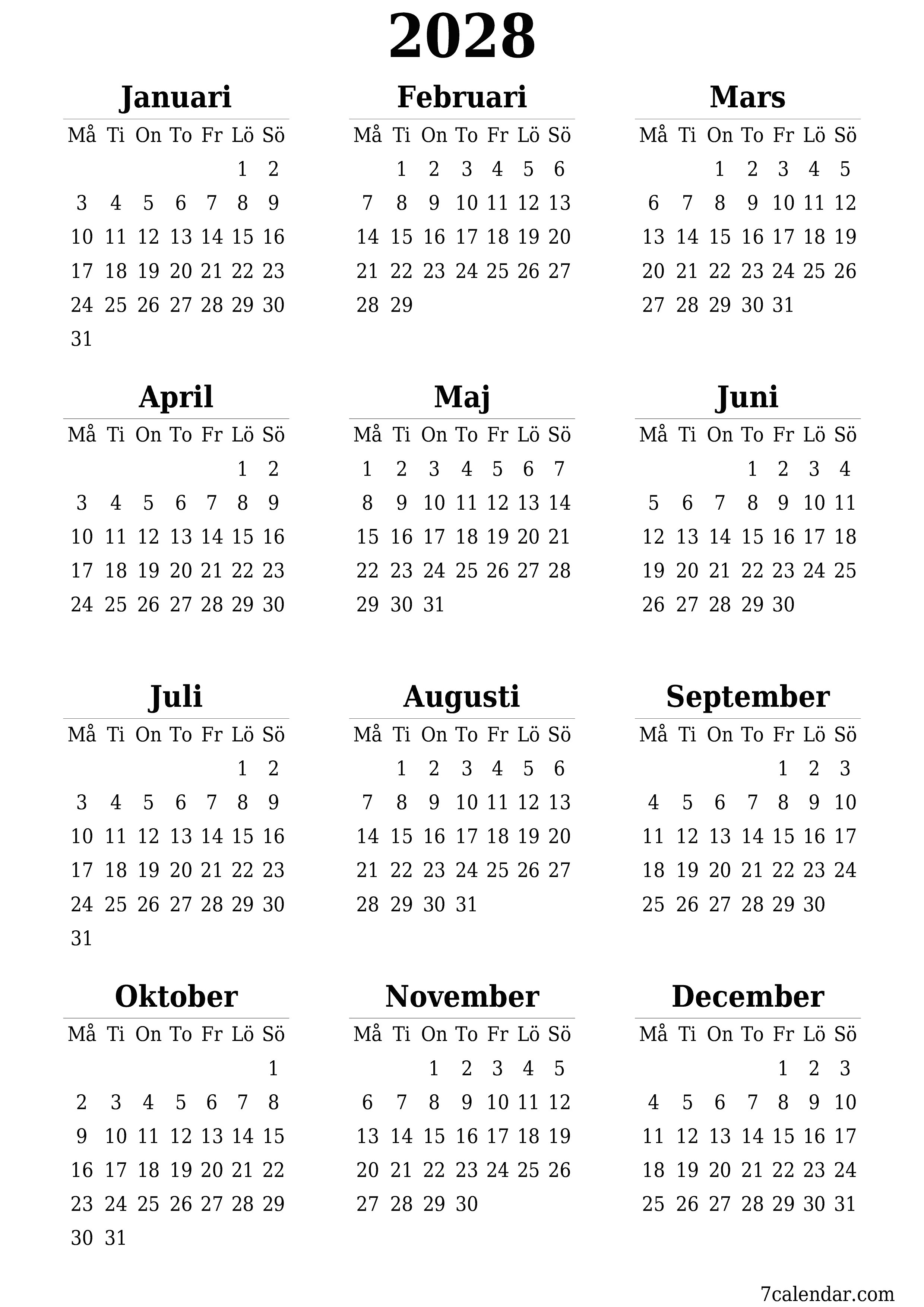 Tom årlig planeringskalender för året 2028 med anteckningar, spara och skriv ut till PDF PNG Swedish