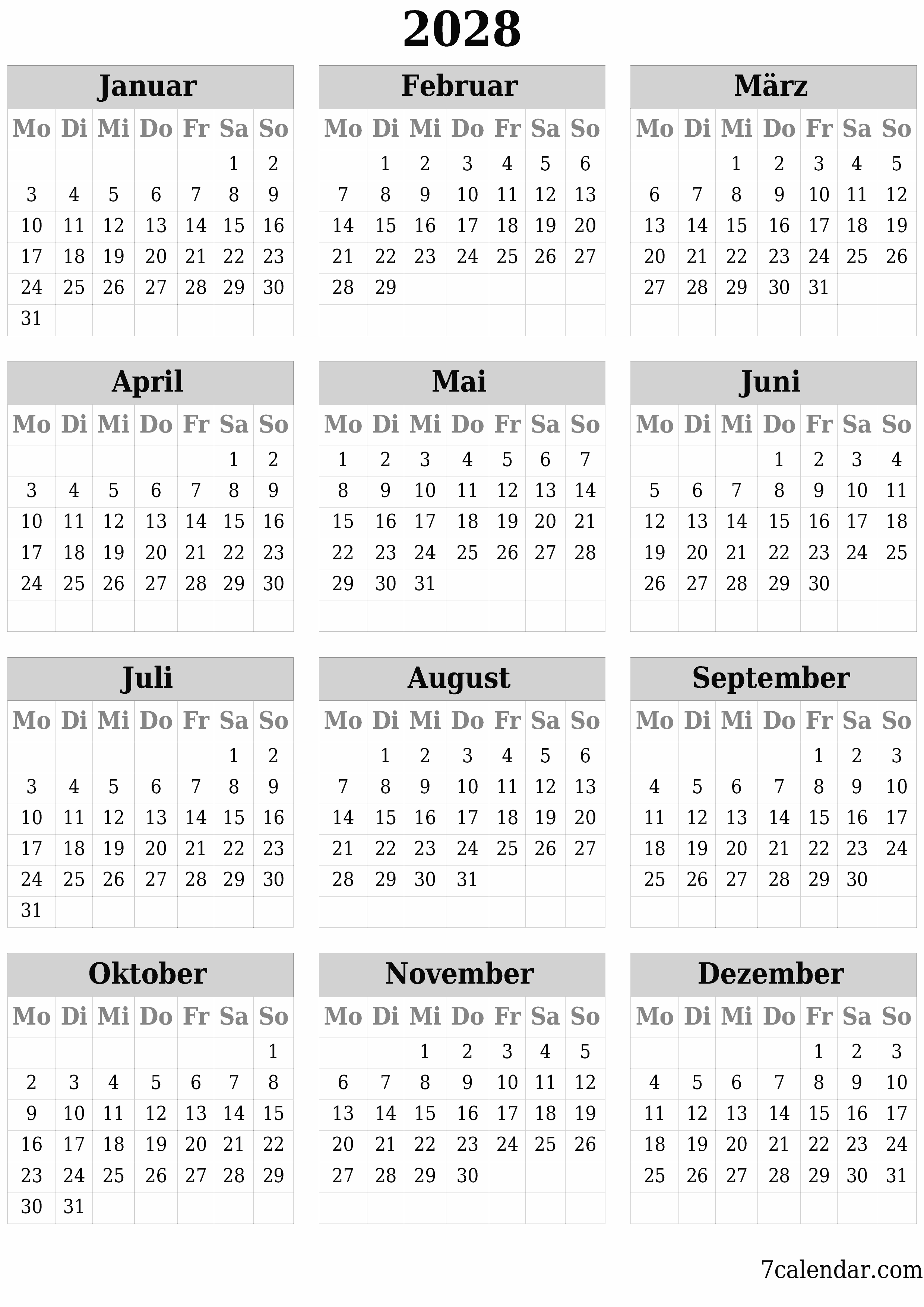  zum Ausdrucken Wandkalender vorlage kostenloser vertikal Jahreskalender Kalender April (Apr) 2028