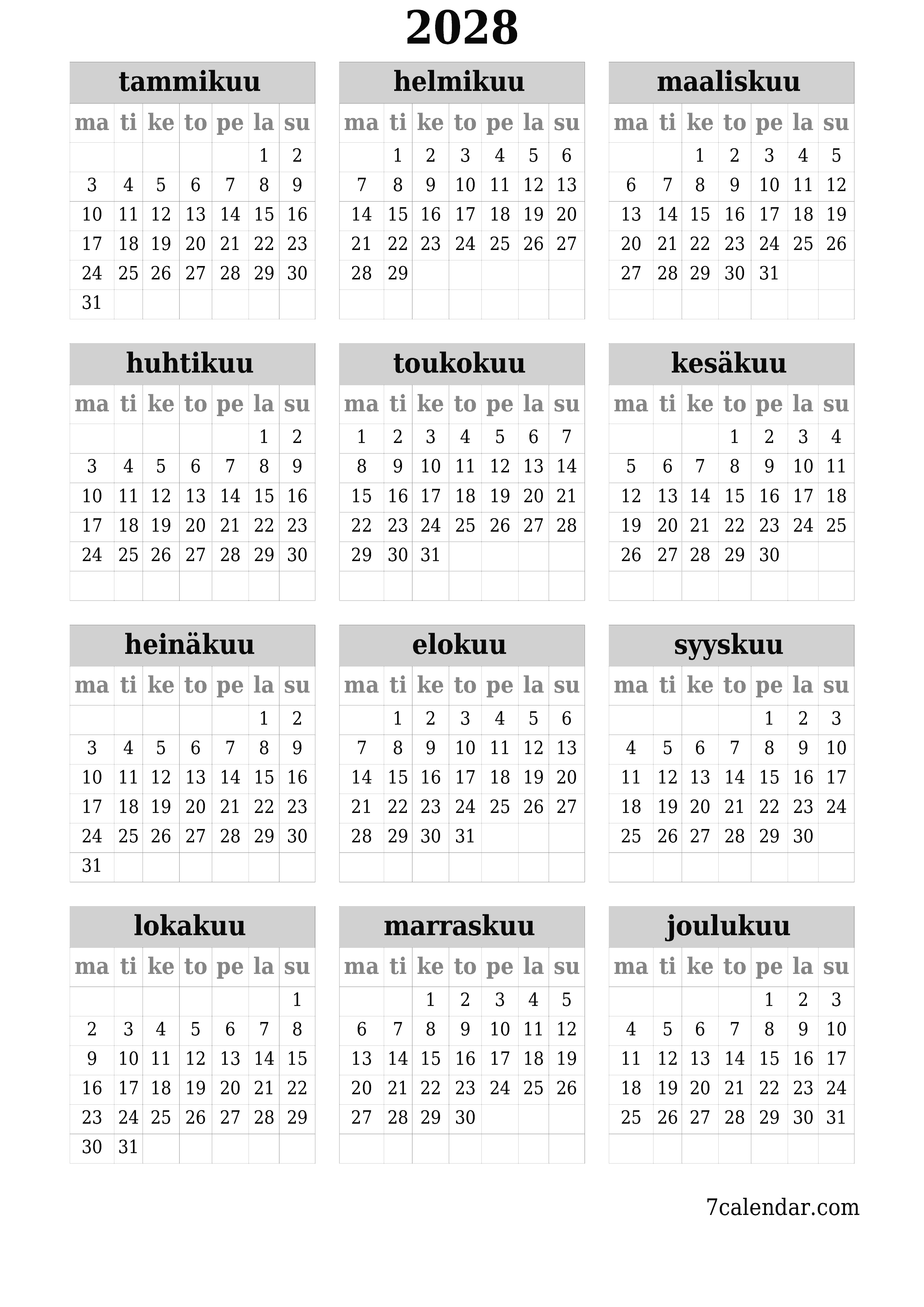 Tyhjä vuosisuunnittelukalenteri vuodelle 2028 muistiinpanoilla, tallenna ja tulosta PDF-muotoon PNG Finnish