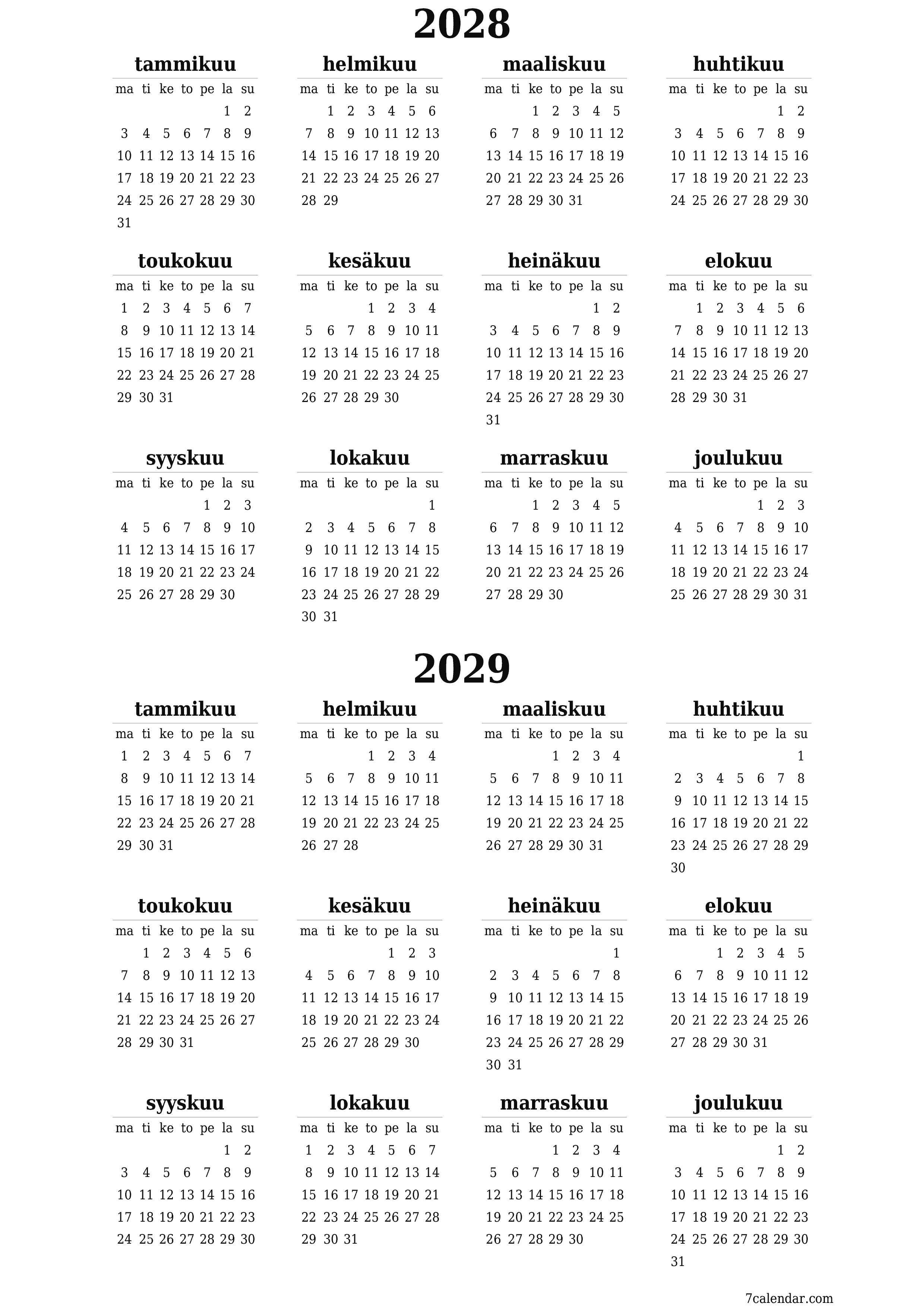 Tyhjä vuosisuunnittelukalenteri vuodelle 2028, 2029 muistiinpanoilla, tallenna ja tulosta PDF-muotoon PNG Finnish