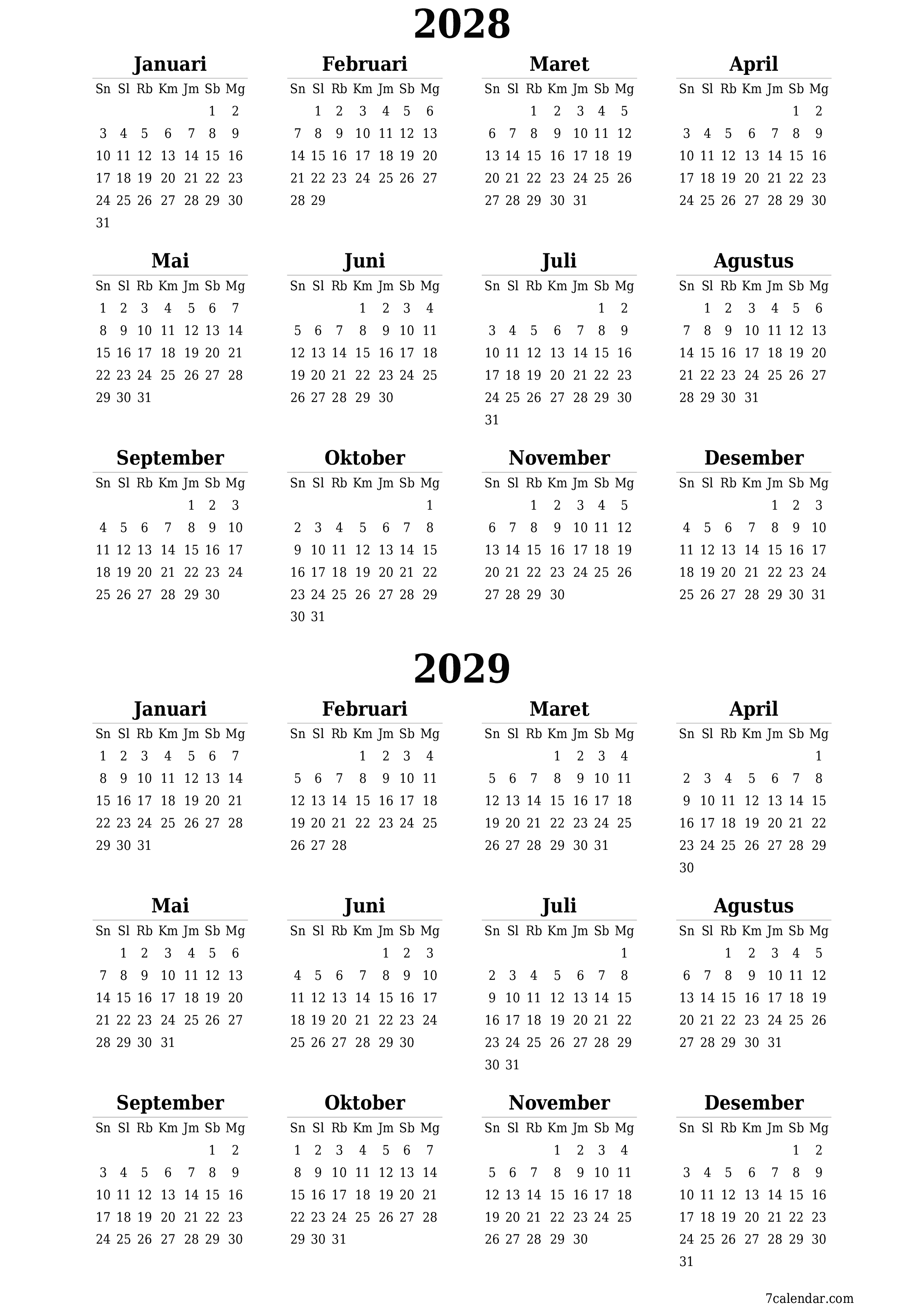 Kosongkan kalender perencana tahunan untuk tahun ini 2028, 2029 dengan catatan, simpan dan cetak ke PDF PNG Indonesian