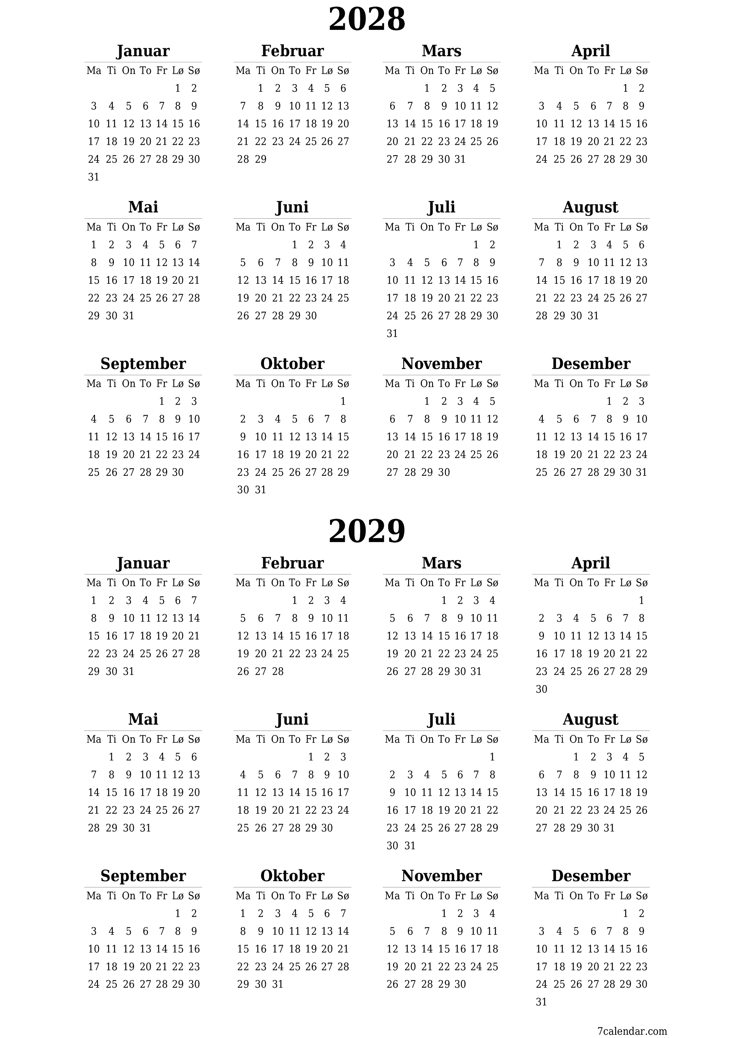 Tom årlig planleggerkalender for året 2028, 2029 med notater, lagre og skrive ut i PDF PNG Norwegian