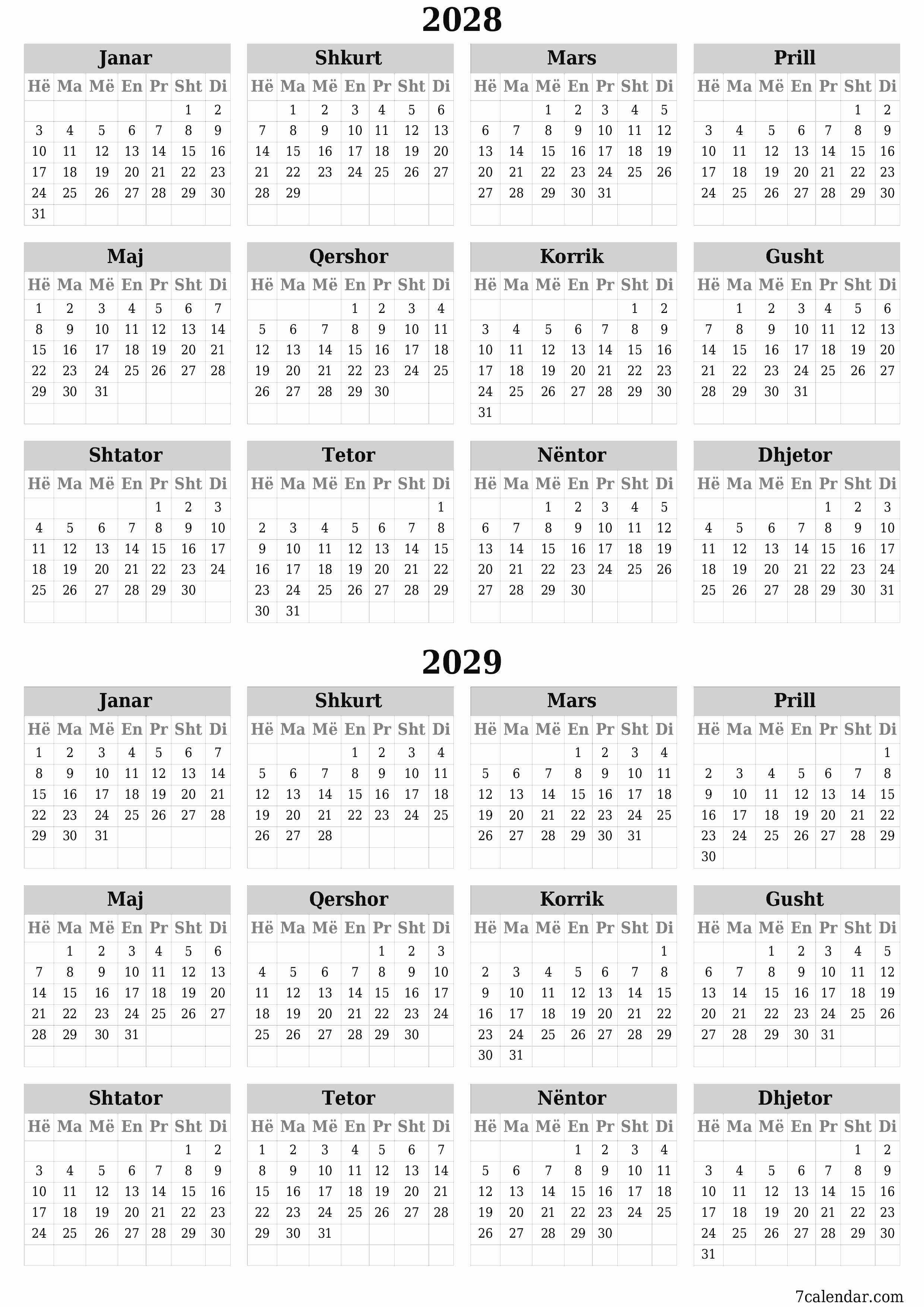 Planifikuesi bosh i kalendarit vjetor për vitin 2028, 2029 me shënime, ruani dhe printoni në PDF PNG Albanian