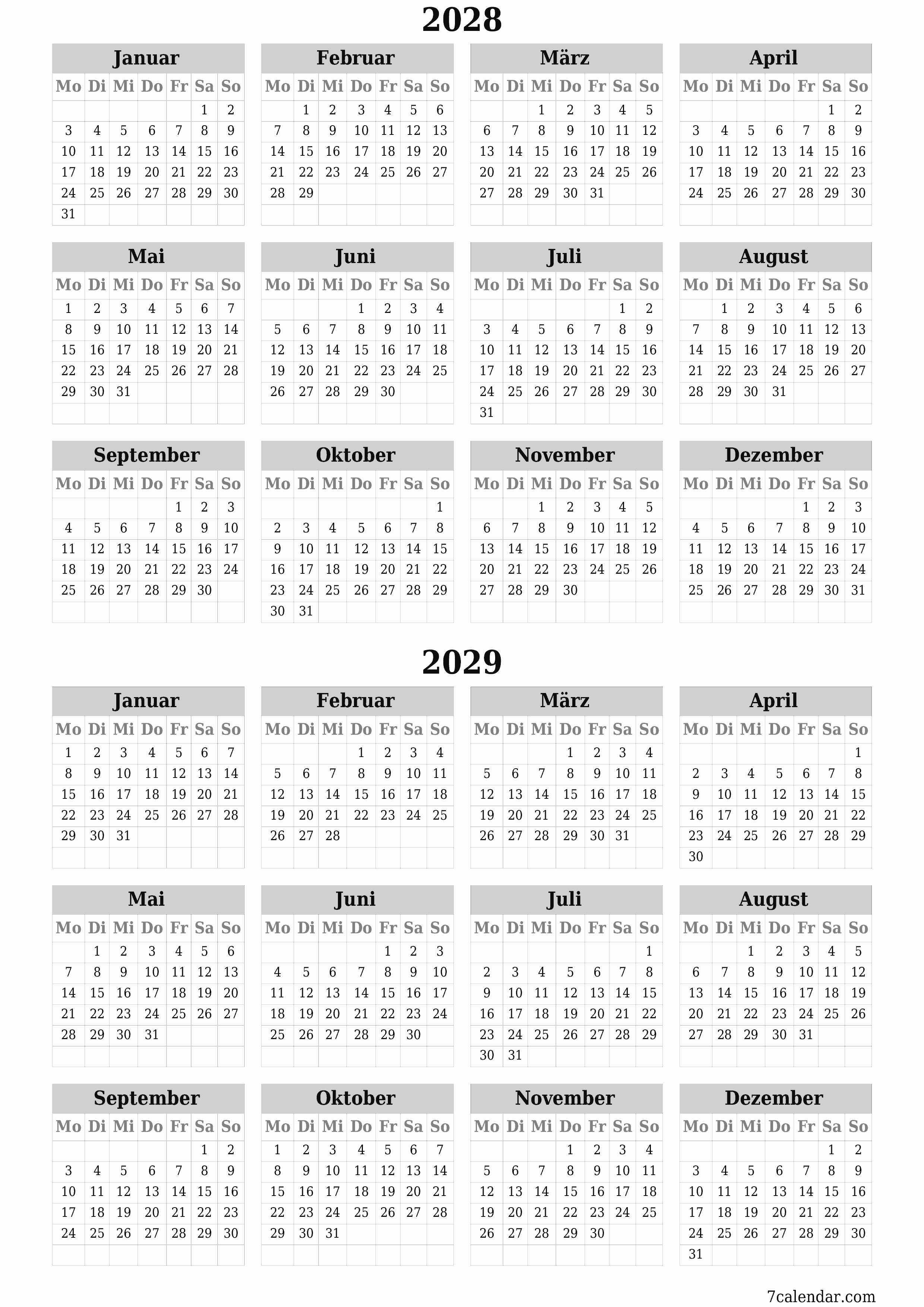 Jahresplanerkalender für das Jahr 2028, 2029 mit Notizen leeren, speichern und als PDF PNG German - 7calendar.com drucken