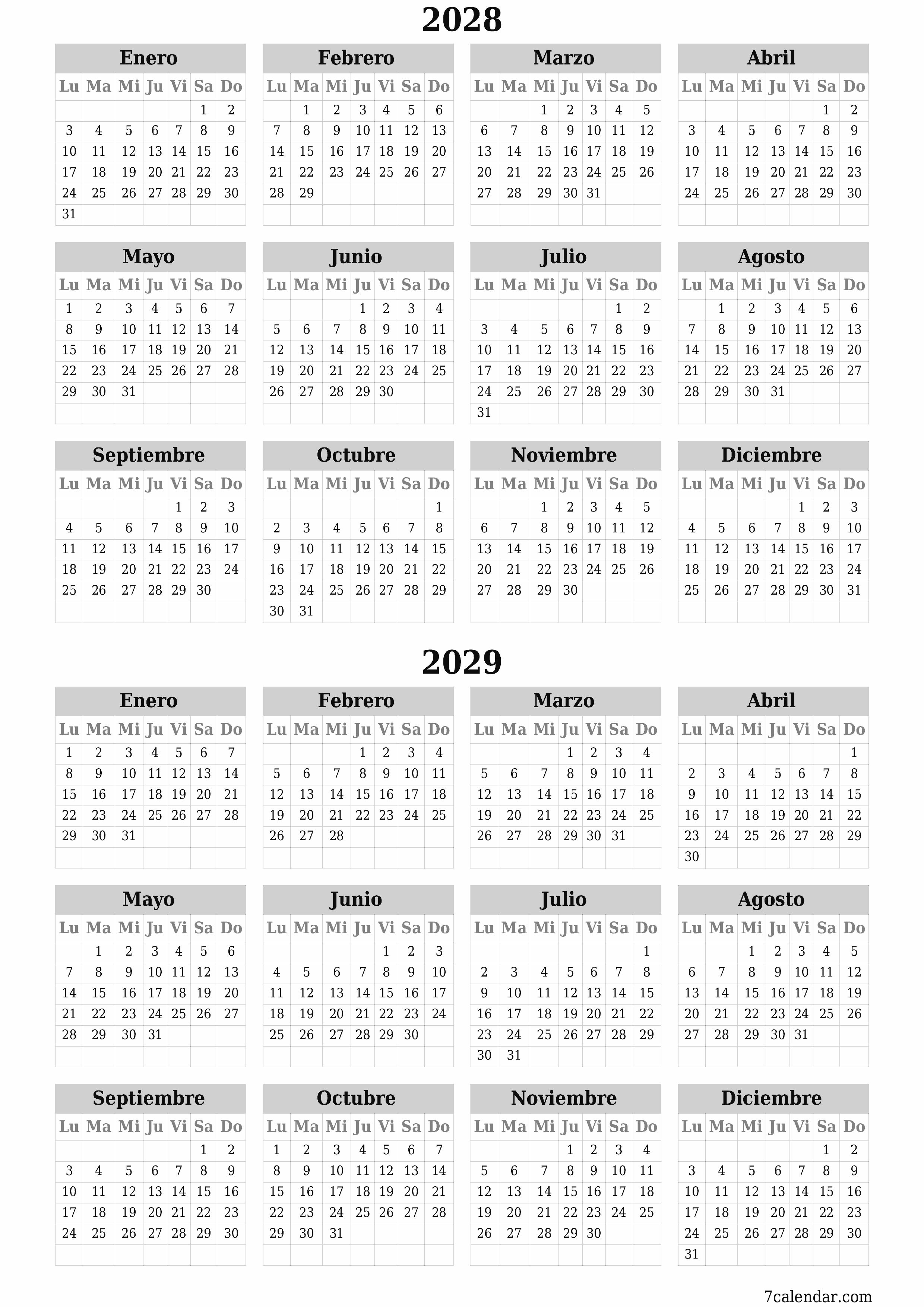 Calendario planificador anual vacío para el año 2028, 2029 con notas, guardar e imprimir en PDF PNG Spanish