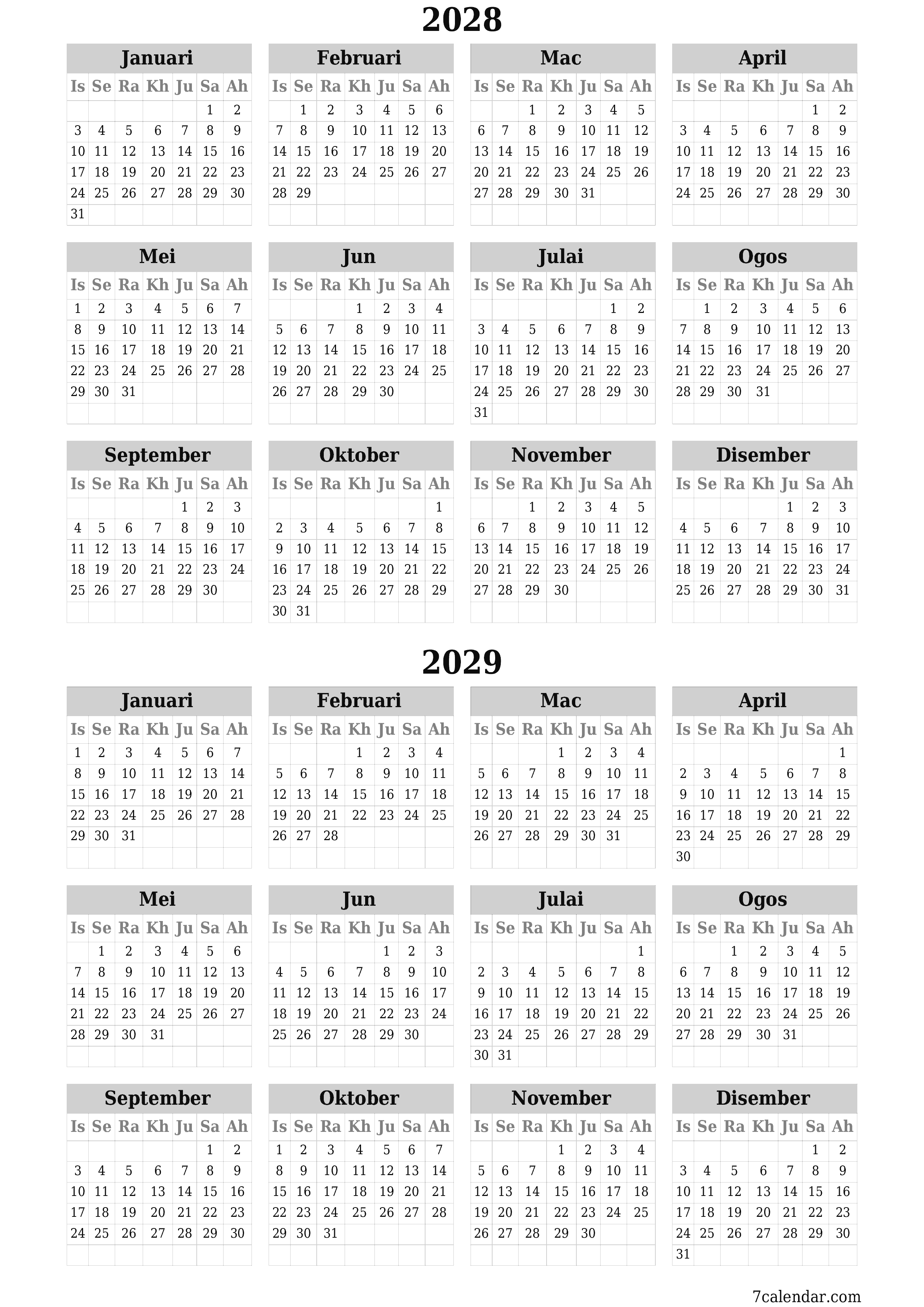 Kalendar perancang tahunan kosong untuk tahun ini 2028, 2029 dengan nota, simpan dan cetak ke PDF PNG Malay