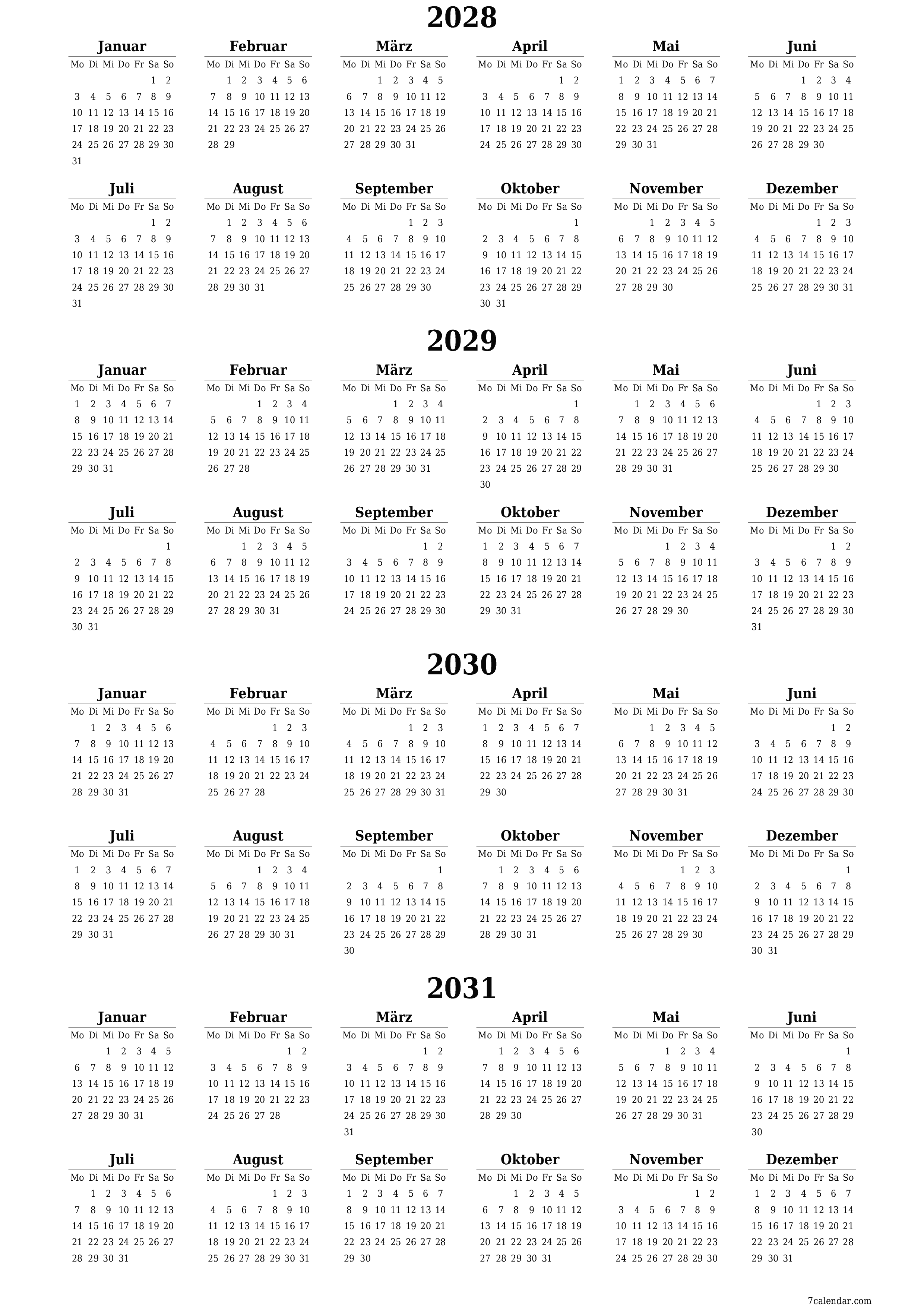  zum Ausdrucken Wandkalender vorlage kostenloser vertikal Jahreskalender Kalender April (Apr) 2028