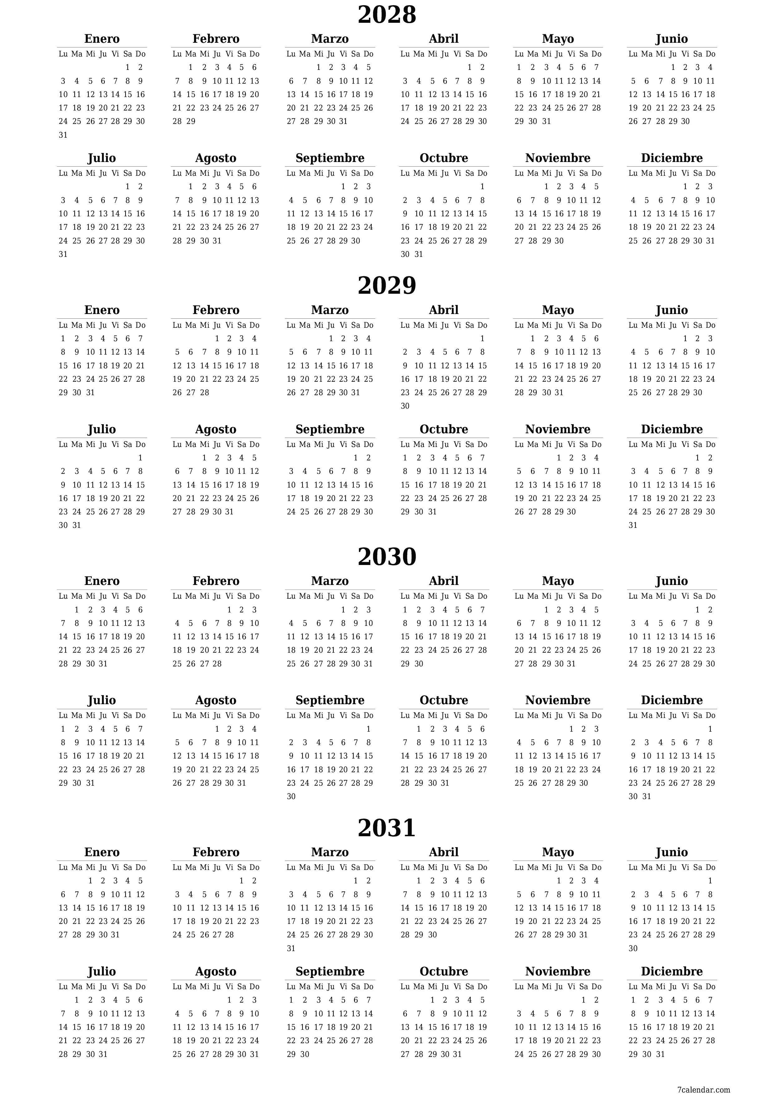 Calendario planificador anual vacío para el año 2028, 2029, 2030, 2031 con notas, guardar e imprimir en PDF PNG Spanish