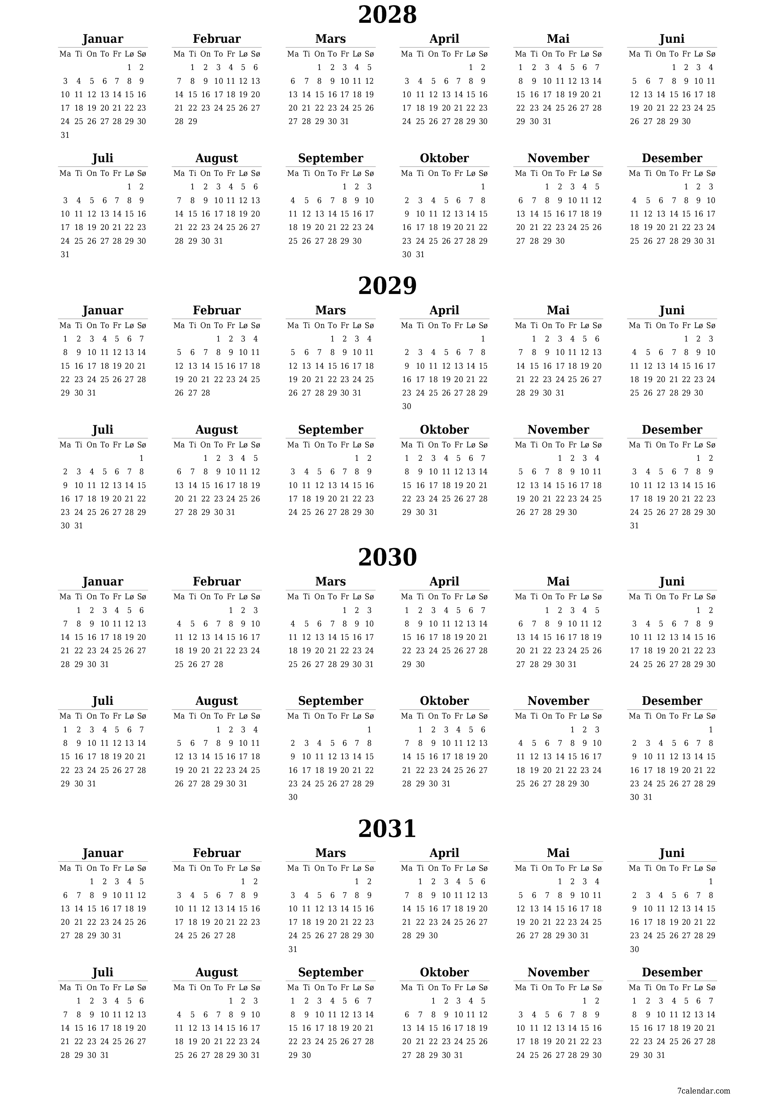 Tom årlig planleggerkalender for året 2028, 2029, 2030, 2031 med notater, lagre og skrive ut i PDF PNG Norwegian