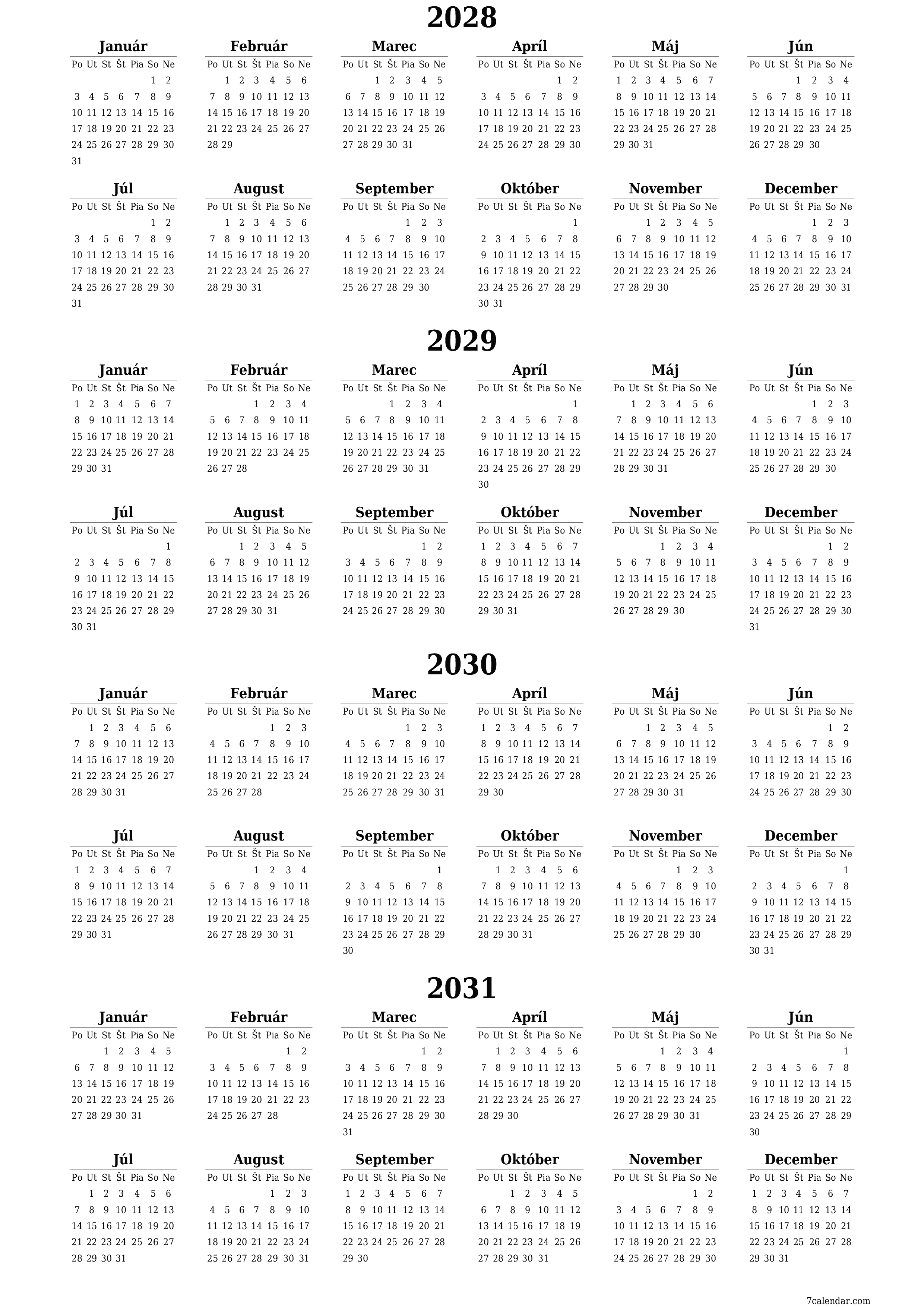 Prázdny ročný kalendár plánovača na rok 2028, 2029, 2030, 2031 s poznámkami, uložením a tlačou do formátu PDF PNG Slovak