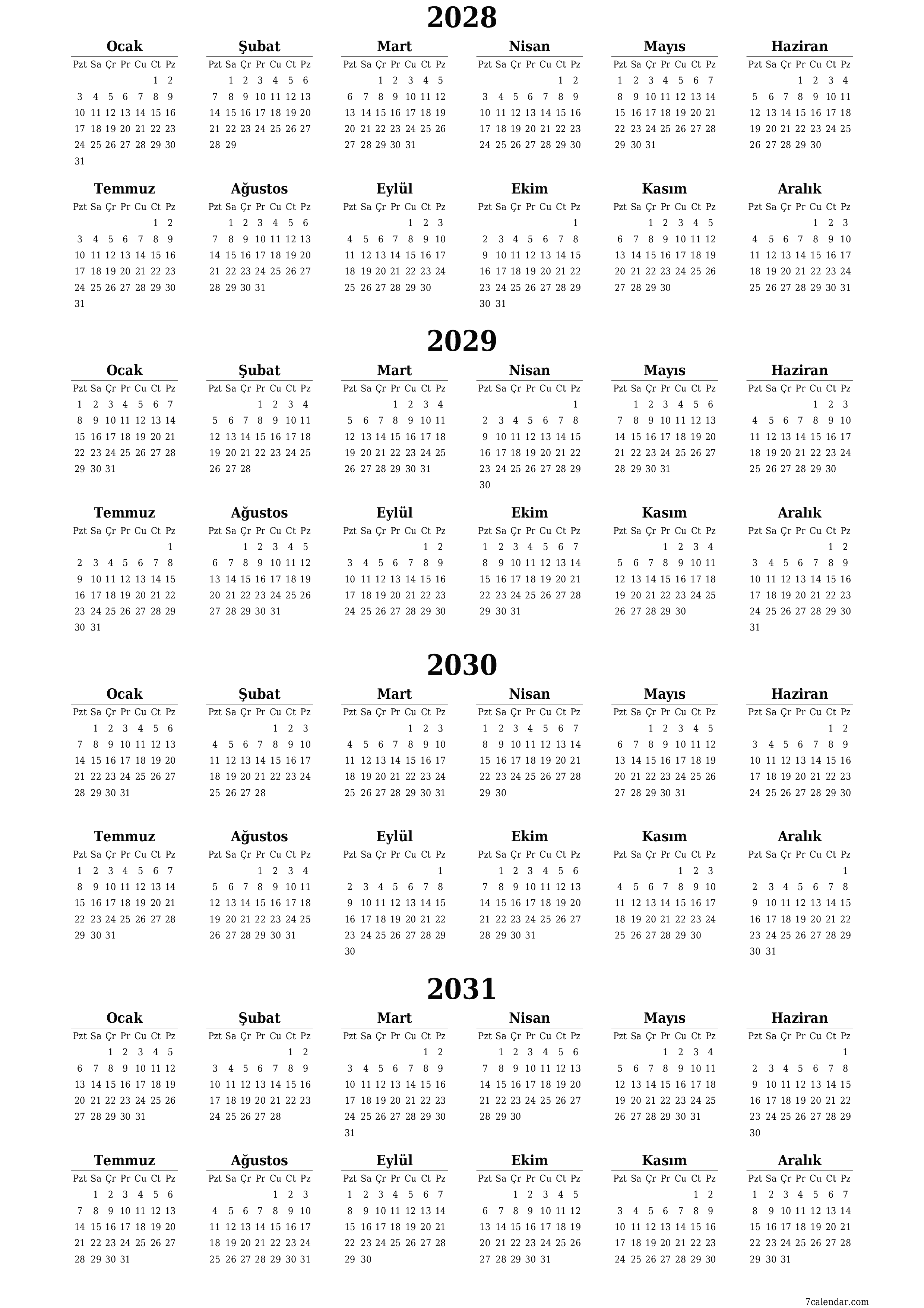 Notlarla 2028, 2029, 2030, 2031 yıl için yıllık planlayıcı takvimini boşaltın, kaydedin ve PDF olarak yazdırın PNG Turkish