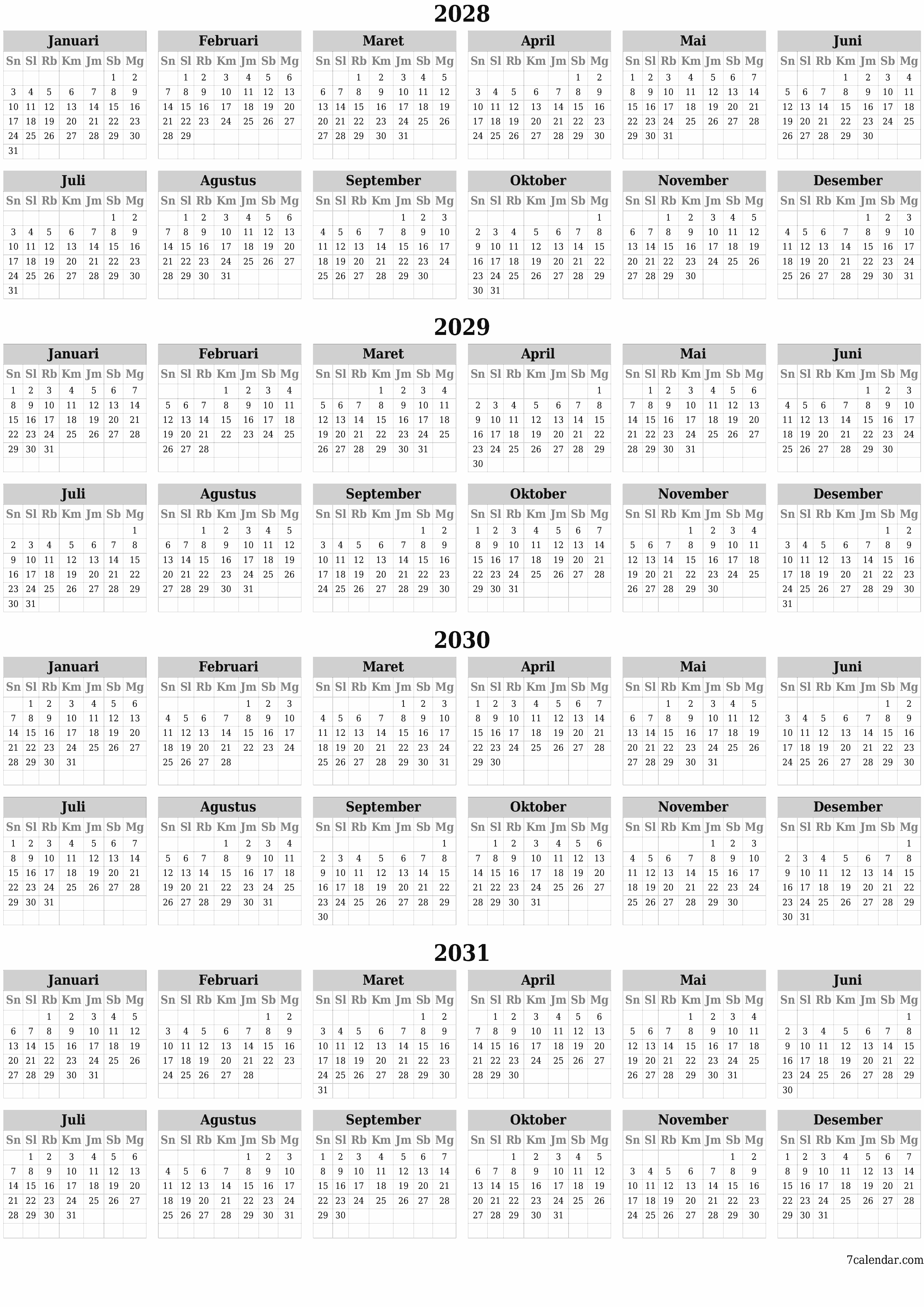 Kosongkan kalender perencana tahunan untuk tahun ini 2028, 2029, 2030, 2031 dengan catatan, simpan dan cetak ke PDF PNG Indonesian