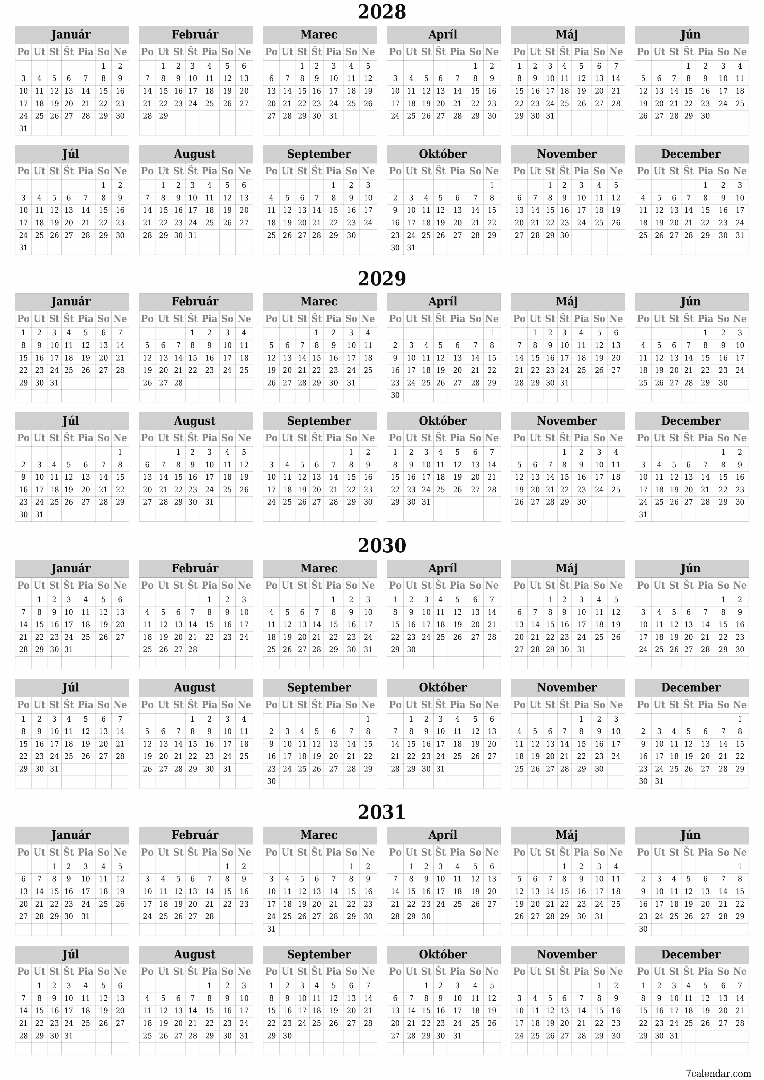 Prázdny ročný kalendár plánovača na rok 2028, 2029, 2030, 2031 s poznámkami, uložením a tlačou do formátu PDF PNG Slovak