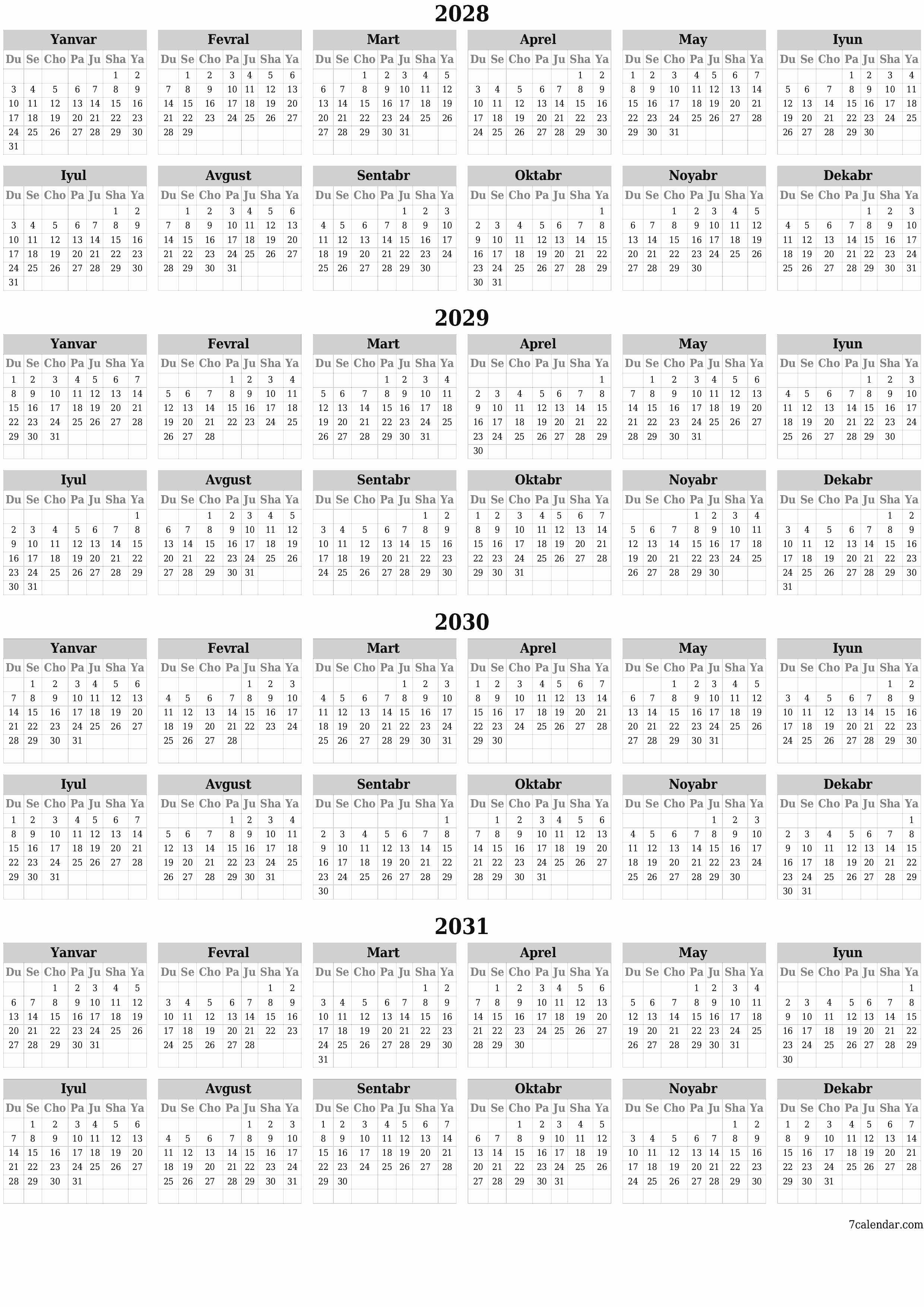 Bo'sh yillik rejalashtiruvchi taqvim 2028, 2029, 2030, 2031 yil, qaydlar bilan saqlang va PDF-ga chop eting PNG Uzbek