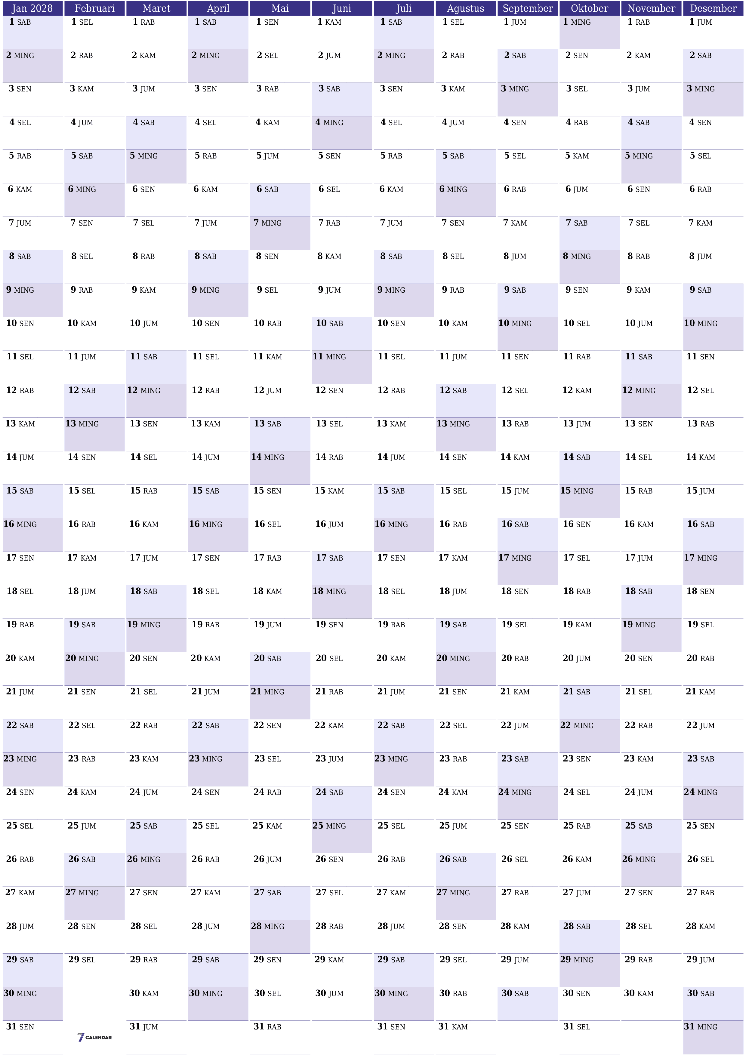 Kosongkan kalender perencana tahunan untuk tahun ini 2028 dengan catatan, simpan dan cetak ke PDF PNG Indonesian