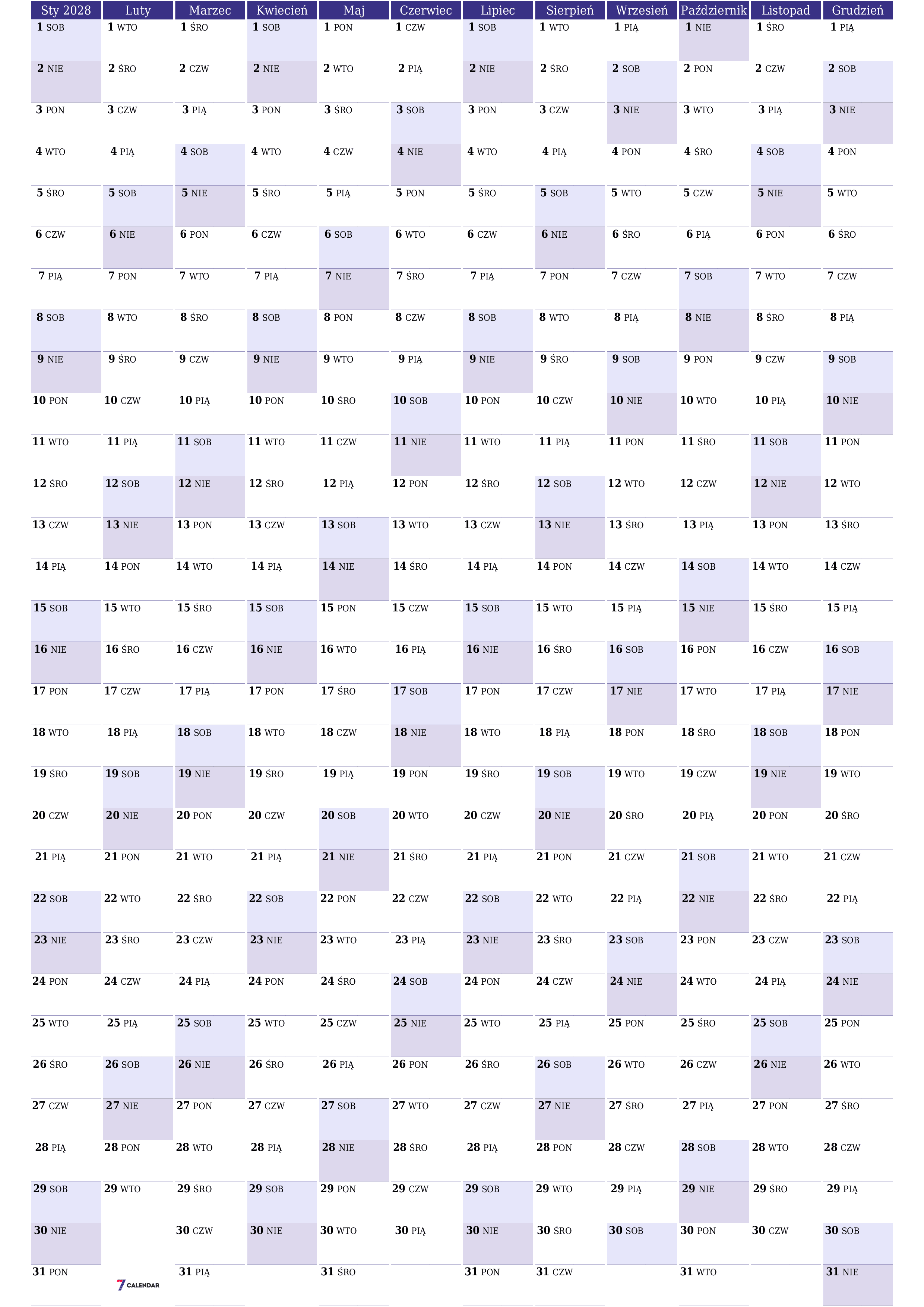 Opróżnij kalendarz rocznego planowania na rok 2028 z notatkami, zapisz i wydrukuj w formacie PDF PNG Polish