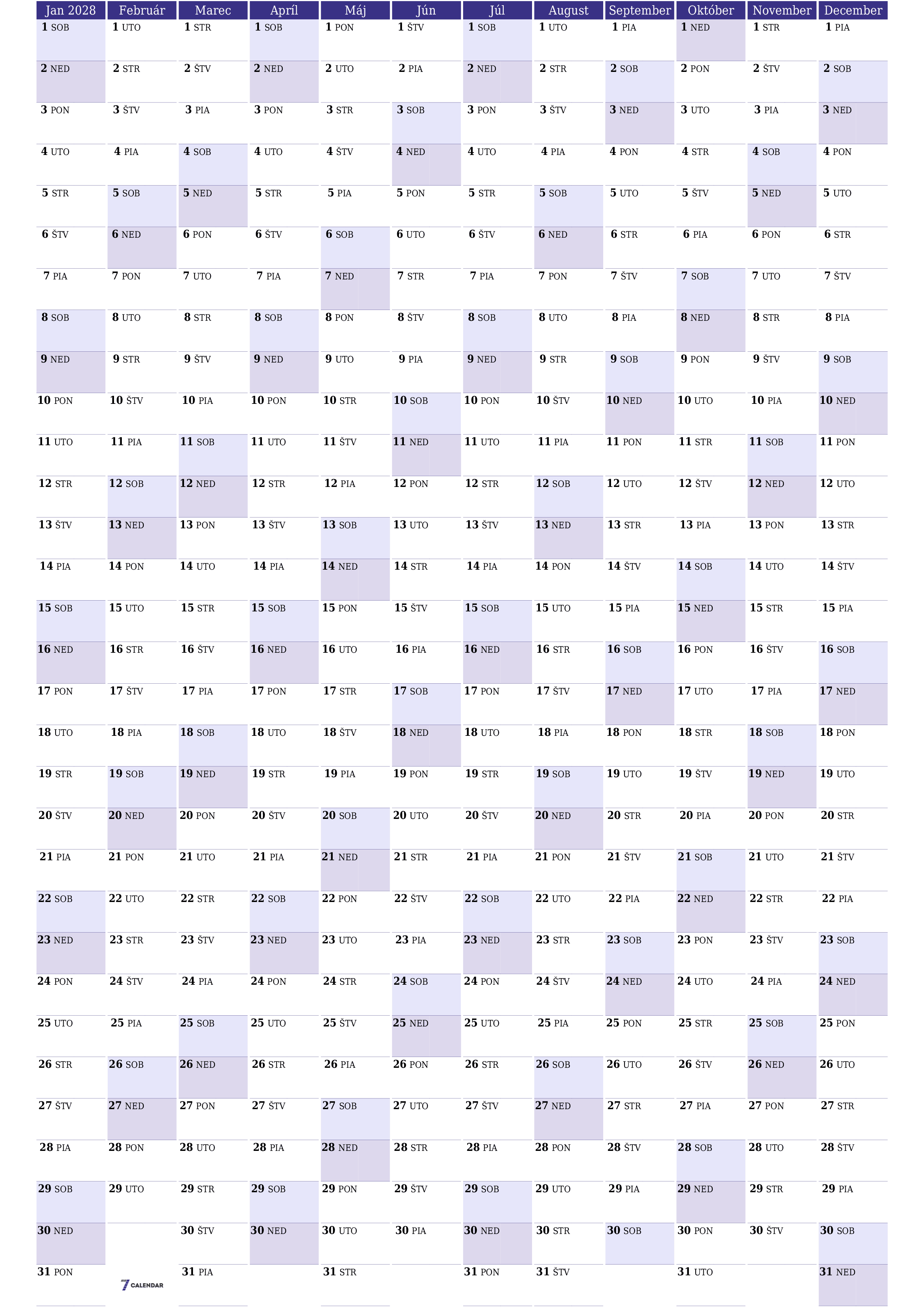 Prázdny ročný kalendár plánovača na rok 2028 s poznámkami, uložením a tlačou do formátu PDF PNG Slovak