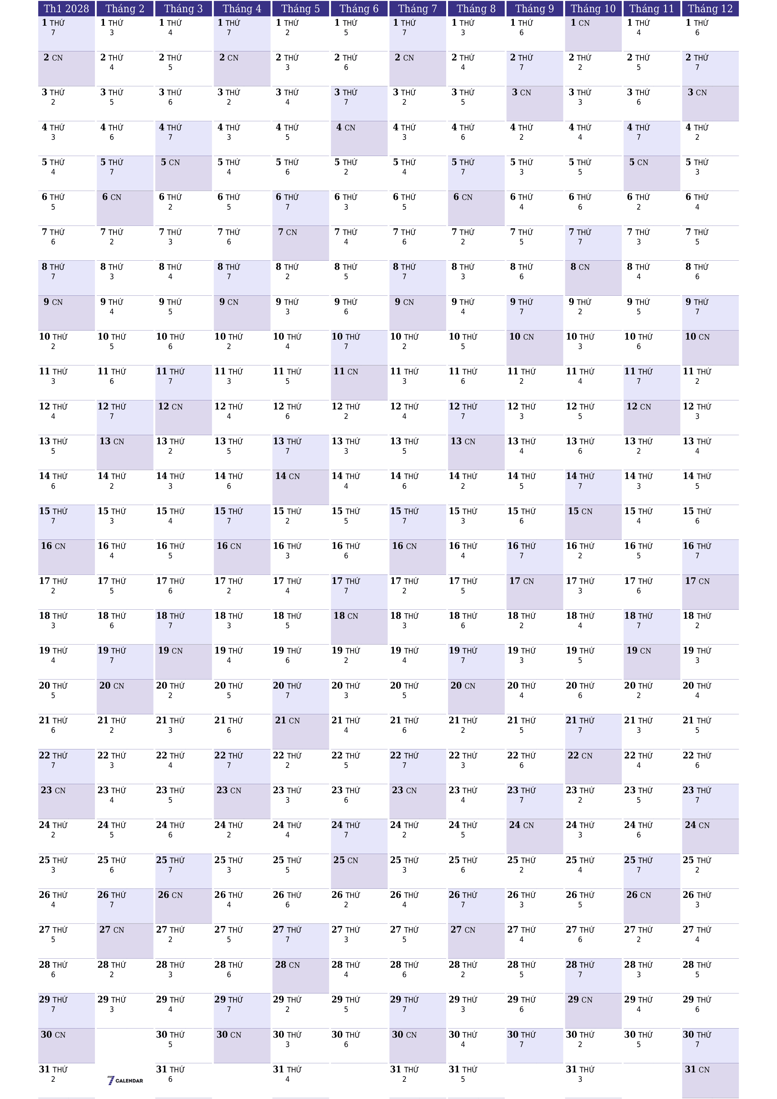 Lịch kế hoạch hàng năm trống cho năm 2028 có ghi chú, lưu và in sang PDF PNG Vietnamese