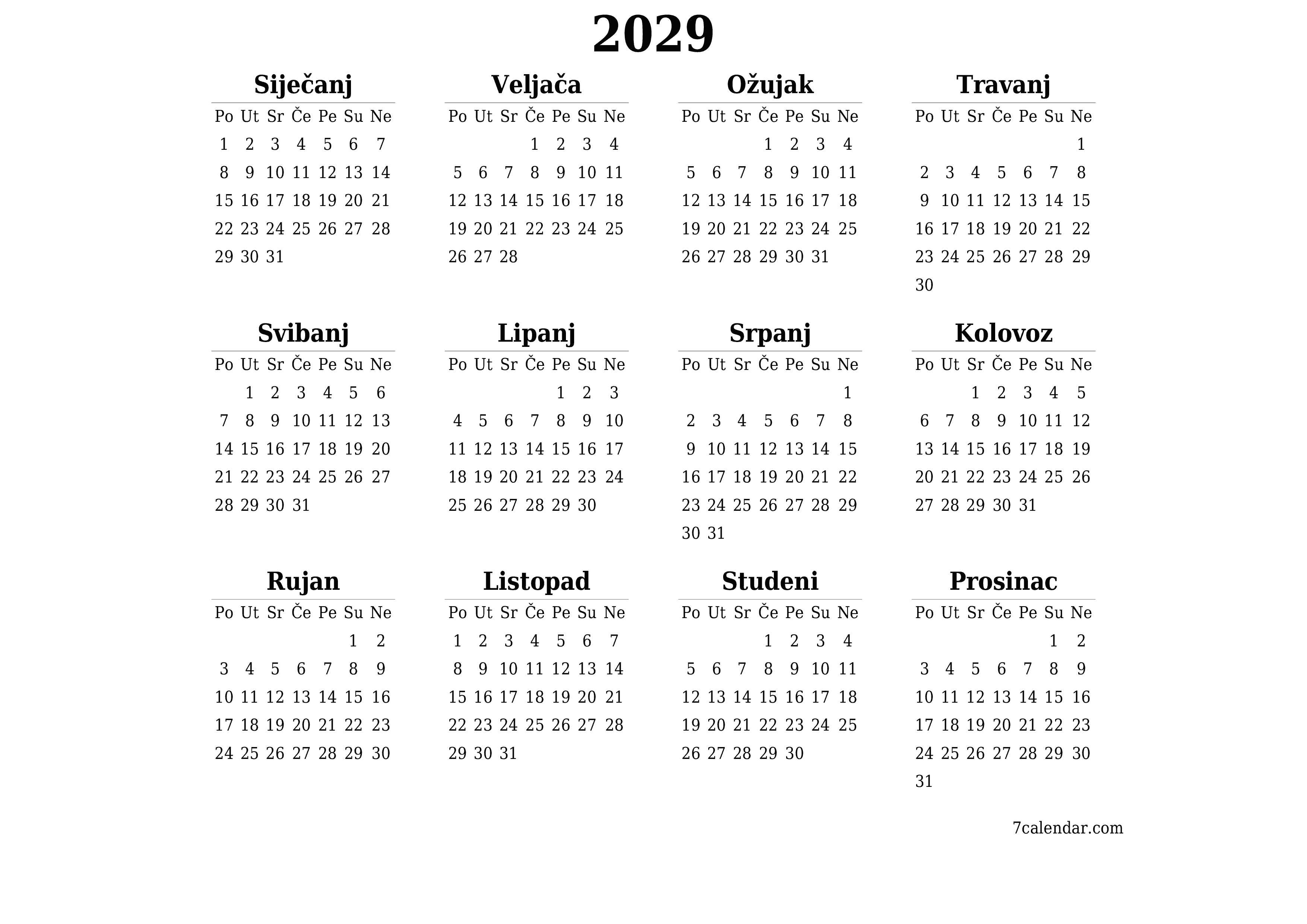  za ispis zidni predložak a besplatni horizontalno Godišnje kalendar Travanj (Tra) 2029