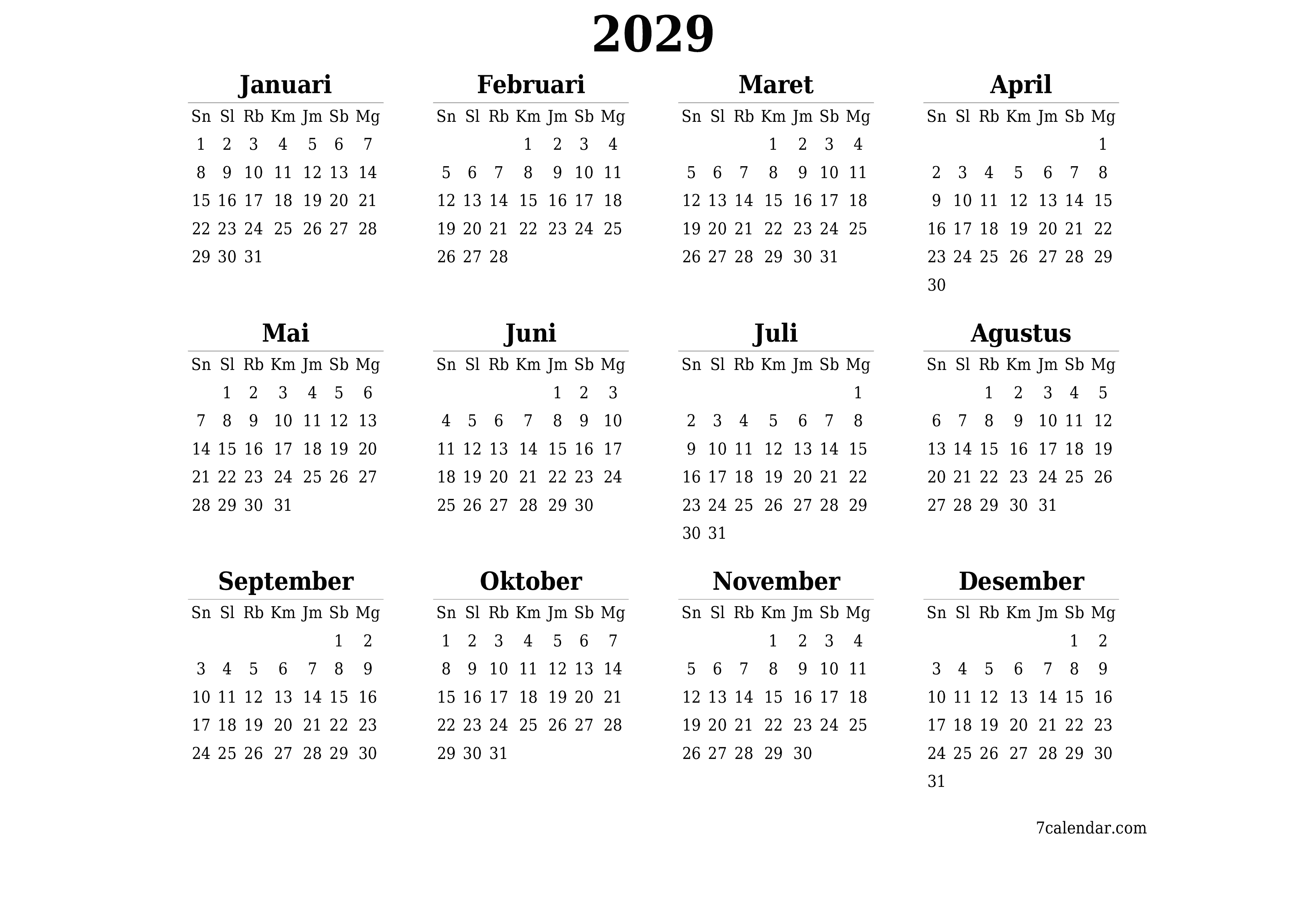 Kosongkan kalender perencana tahunan untuk tahun ini 2029 dengan catatan, simpan dan cetak ke PDF PNG Indonesian