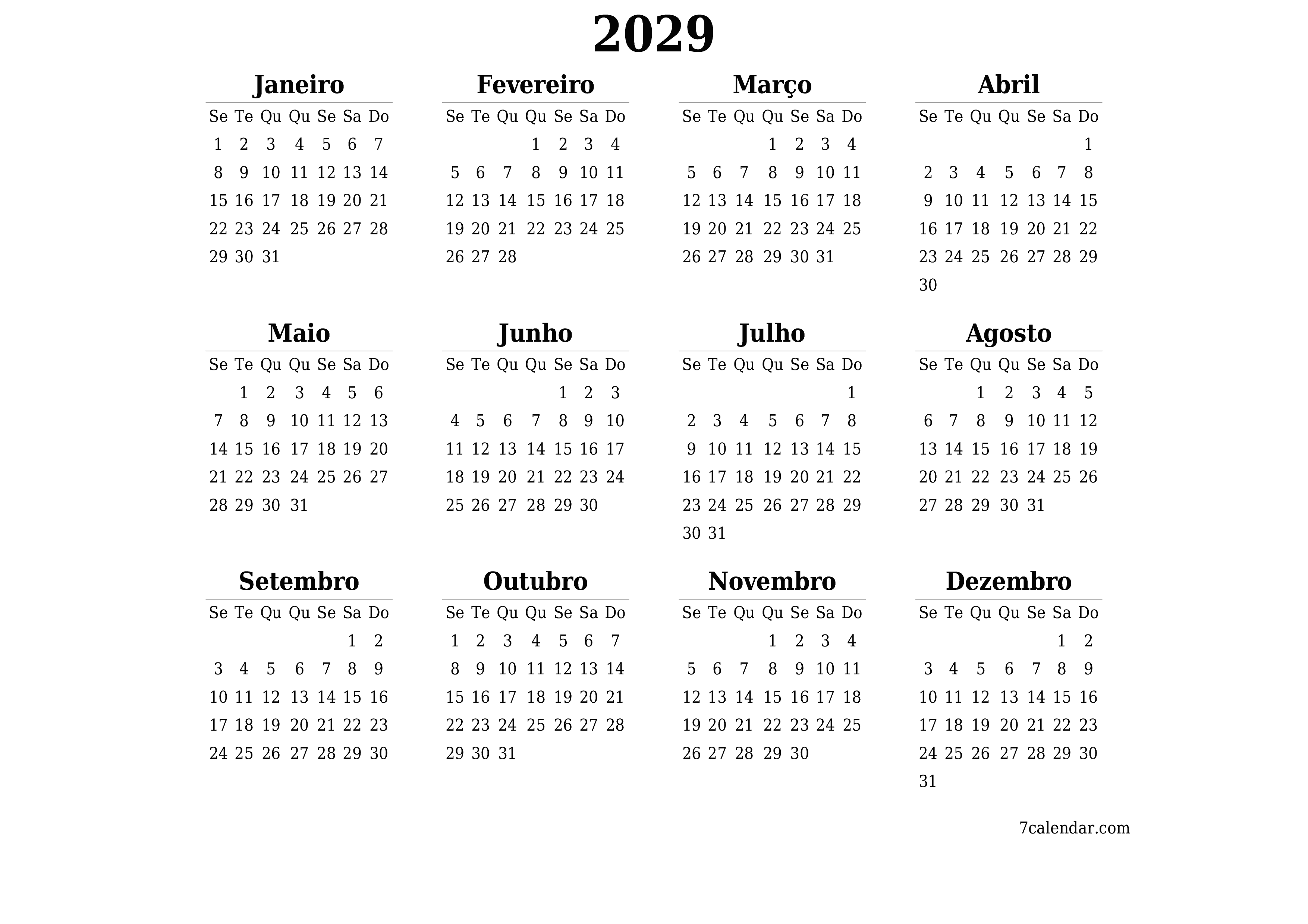 Calendário de planejador anual vazio para o ano 2029 com notas, salve e imprima em PDF PNG Portuguese