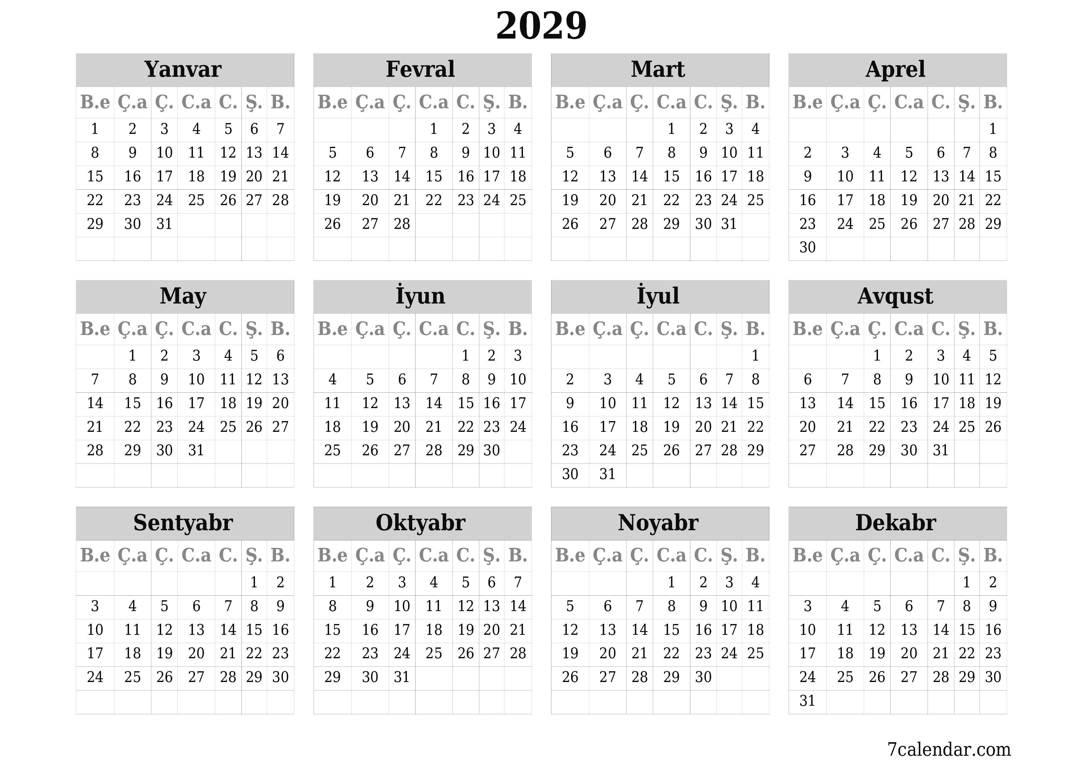 çap edilə bilən divar i şablonu pulsuz üfüqi İllik təqvim Aprel (Apr) 2029