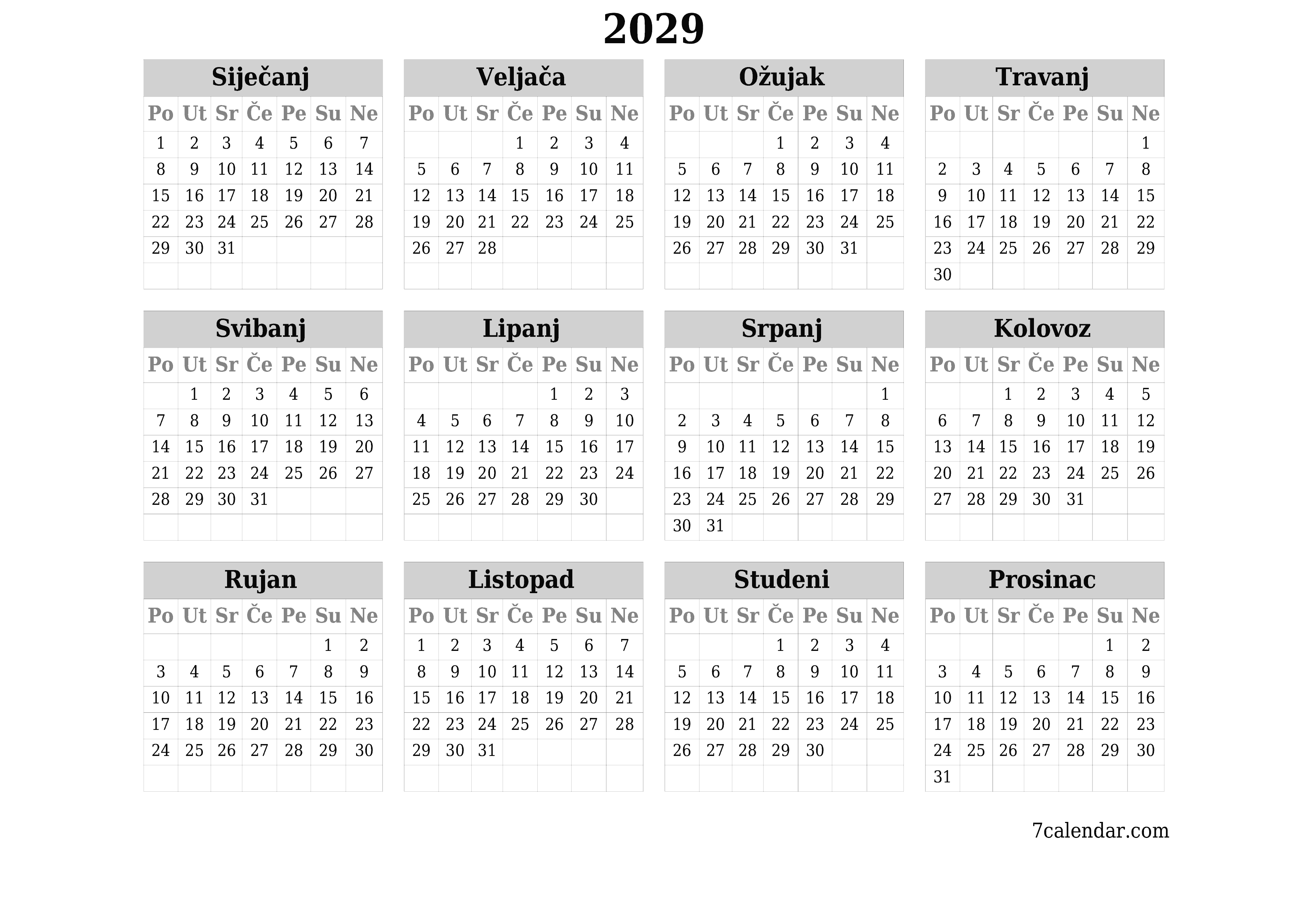 Ispraznite godišnji kalendar planera za godinu 2029 s bilješkama, spremite i ispišite u PDF PNG Croatian